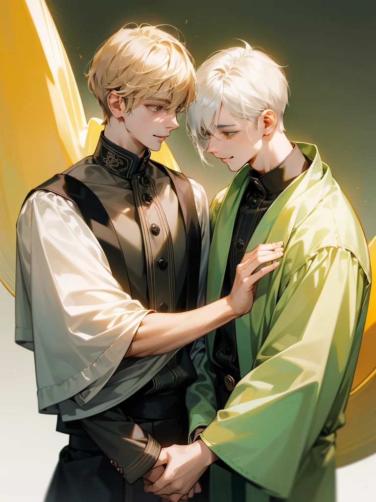 (((photographic, photo, photogenic))), extremely high quality high detail RAW color photo, watercolor, , high quality, detailed,
young man , 4K UHD, super detail, best quality, detailed eyes, masterpiece, 2 young men who smiles at each other with a love atmosphere ,one of them is 21years old and has a white straight short hair and green beautifull eyes this men smiles a sweet smile with quiet expression and beautiful smile and he wears a cute outfit,the second men is taller than the previous one and he is 27year and this men has acblack semi long haircut and yellow eyes and has a quiet expression face and he has a sharp eyes and wears a black clothes,high resolutions ,two couples in love