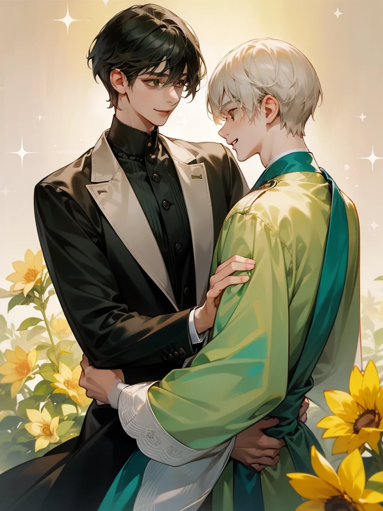 (((photographic, photo, photogenic))), extremely high quality high detail RAW color photo, watercolor, , high quality, detailed, 
young man , 4K UHD, super detail, best quality, detailed eyes, masterpiece, 2 young men who smiles at each other with a love atmosphere ,one of them is 21years old and has a white straight short hair and green beautifull eyes this men smiles a sweet smile with quiet expression and beautiful smile and he wears a cute outfit,the second men is taller than the previous one and he is 27year and this men has acblack semi long haircut and yellow eyes and has a quiet expression face and he has a sharp eyes and wears a black clothes,high resolutions ,two couples in love