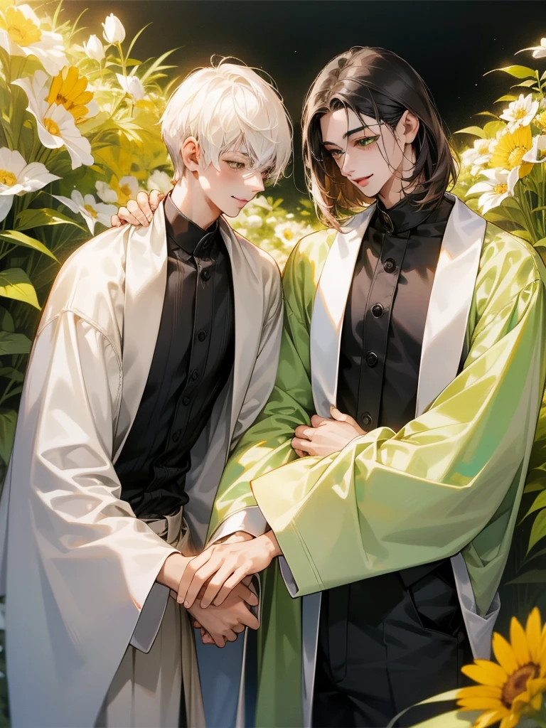 (((photographic, photo, photogenic))), extremely high quality high detail RAW color photo, watercolor, , high quality, detailed,
young man , 4K UHD, super detail, best quality, detailed eyes, masterpiece, 2 young men who smiles at each other with a love atmosphere ,one of them is 21years old and has a white straight short hair and green beautifull eyes this men smiles a sweet smile with quiet expression and beautiful smile and he wears a cute outfit,the second men is taller than the previous one and he is 27year and this men has acblack semi long haircut and yellow eyes and has a quiet expression face and he has a sharp eyes and wears a black clothes,high resolutions ,two couples in love