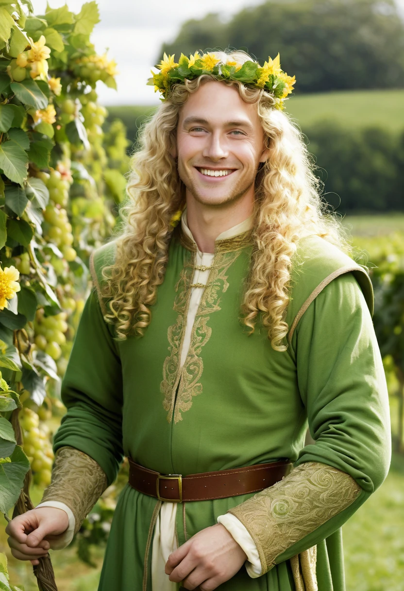 Garth Greenhand, man, 30, long blond curly hair, tall, smiling, mythical figure, wearing green-yellow medieval royal clothes, crown of vines and flowers. Background a field with fruit trees in the sun 
