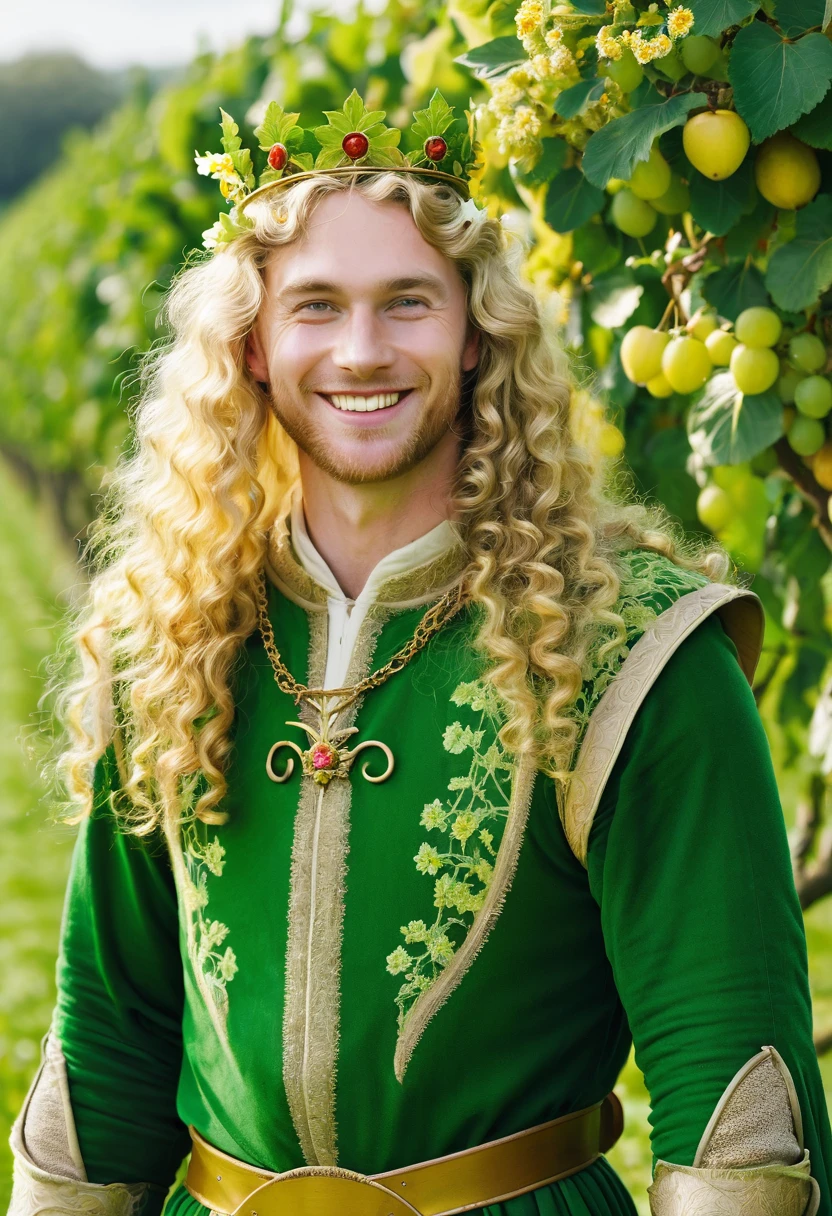 Garth Greenhand, man, 30, long blond curly hair, tall, smiling, mythical figure, wearing green-yellow medieval royal clothes, crown of vines and flowers. Background a field with fruit trees in the sun