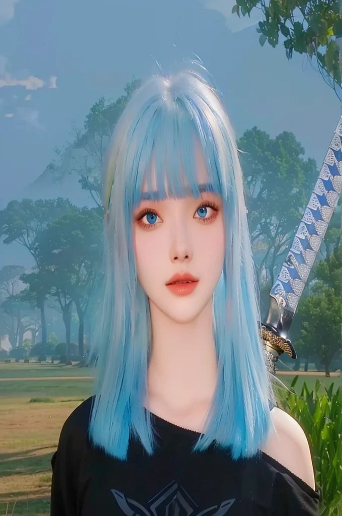 there is a woman with blue hair and a sword in a field,