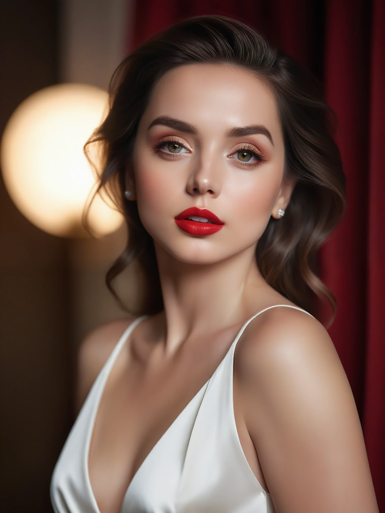 (best quality,4k,8k,highres,masterpiece:1.2),ultra-detailed,(realistic,photorealistic,photo-realistic:1.37),beautiful eyes,beautiful lips,detailed face,red lipstick,gorgeous woman,white dress,elegant fashion model,elegant look,long eyelashes,confident expression,flawless skin,posing gracefully,flowing fabric,soft and silky material,graceful movement,vibrant colors,artistic lighting,studio photo shoot, dreamy atmosphere