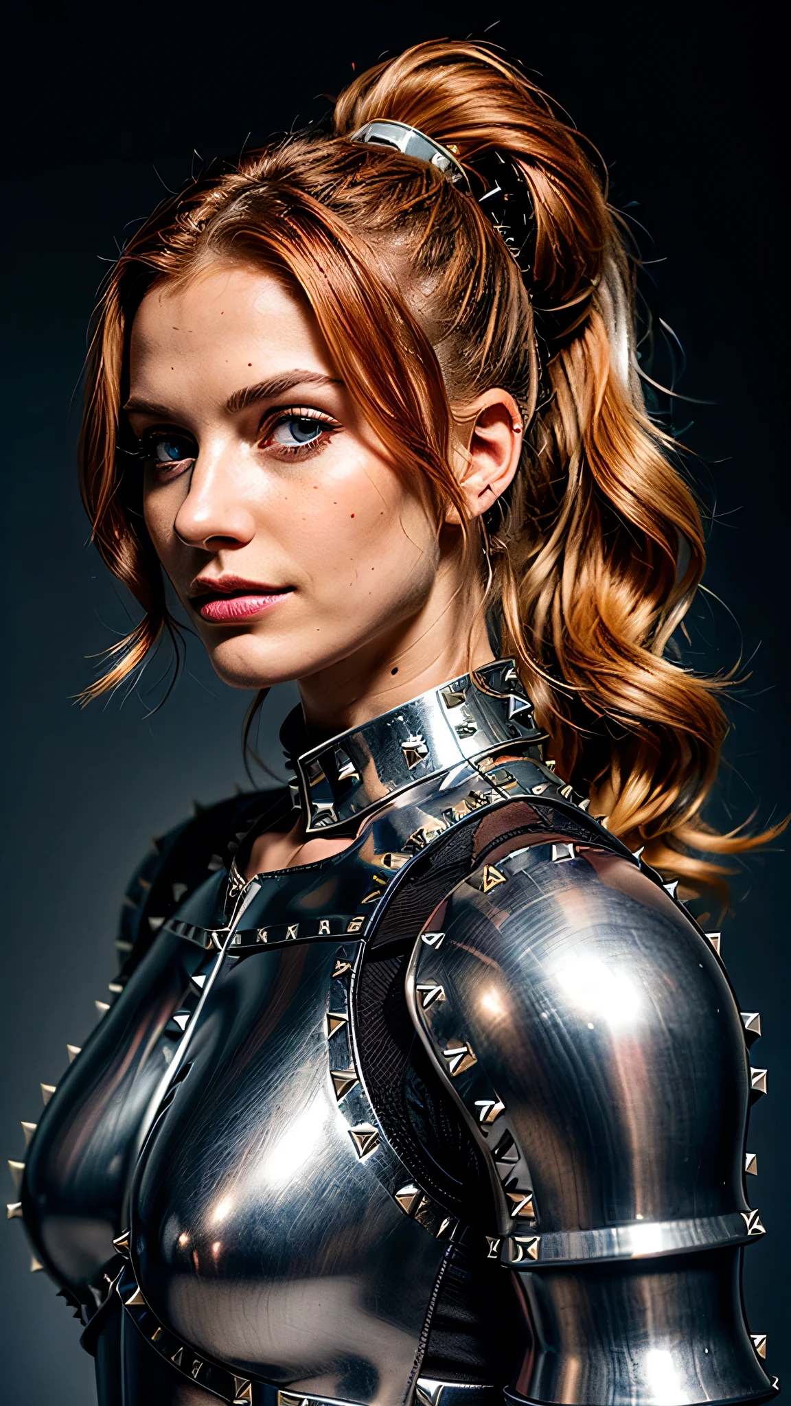 ((best quality: 1.5)) ((masterpiece: 0.8)), intricate details, sharp focus, professional, ((solo, 1girl) athletic cleric, (suntanned, dark skin, mysterious expression)), bright glow, dynamic pose, gorgeous, contoured shading, dark room, dark background, black background, solo, BREAK; BREAK ((smirking, ((long wavy ginger hair, ponytail, portrait)))), (freckles: 0.7), ((body tattoo: 1.0)), ((fujicolor)), BREAK; BREAK ((((medieval (matte black chrome paladin armor:1.8 (chrome rivets))), photorealistic:1.4, hyper-realistic, professional lighting, photon mapping, radiosity, physically based rendering, ultra resolution, hyper-realistic, metal reflections)))