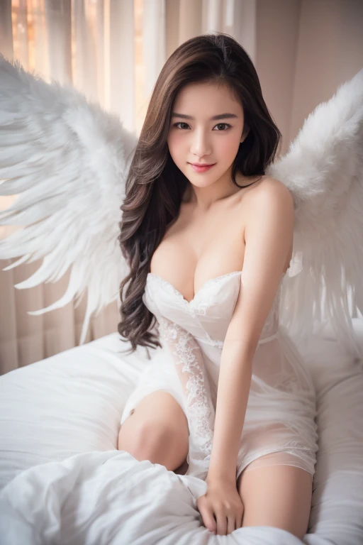 ((best quality)), ((masterpiece)), (detailed), perfect face. young women with white wings angel sex in bed . Romantic Slight smile. Wear dress. Romantic pose