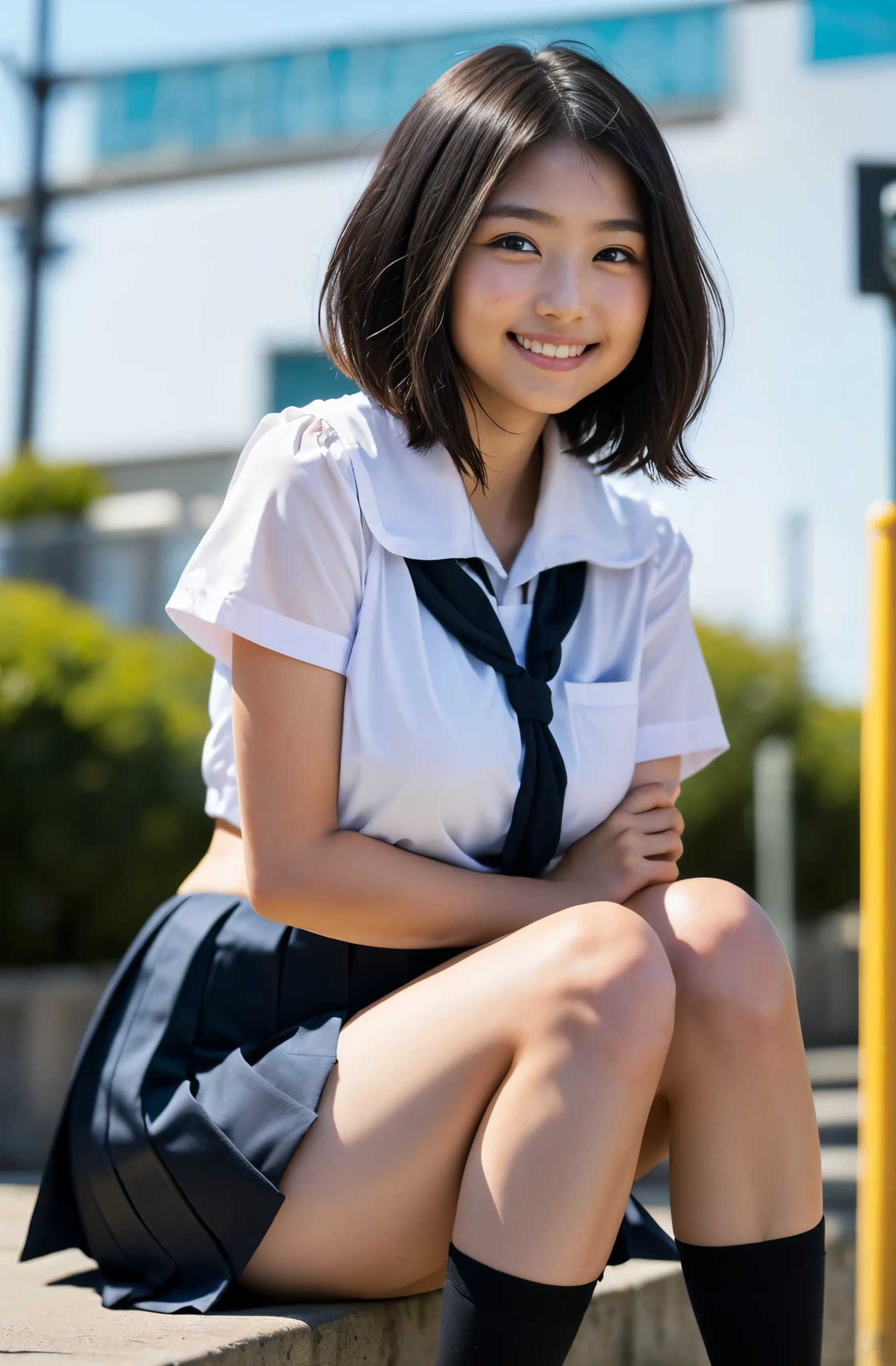 （8k、Raw photography、highest quality、masterpiece：1.2),(Black-haired、Very short hair:1.8),(:1.3)、View your viewers,Viewed from the front,White skin,(high school girl、school uniform:1.6)、(Tight waist:1.6)、(Clothes that accentuate the shape of the breasts:1.0)、(Big Breasts :1.3)、Slim figure、Ultra-high resolution,beautiful,beautiful fece,(one person、No background:1.9),whole bodyボディー,Japanese women,（reality的：1.37）、Photon Mapping,reality、(Baby-faced and cute: 1.4)、(Cute Smile: 1.8)、(Round face: 1.8)、Radio City、Physically Based Rendering、Depth of field rally background、photograph, (I can see your knees、Thigh close-up:1.8),（:1.4）,whole body、Great quality