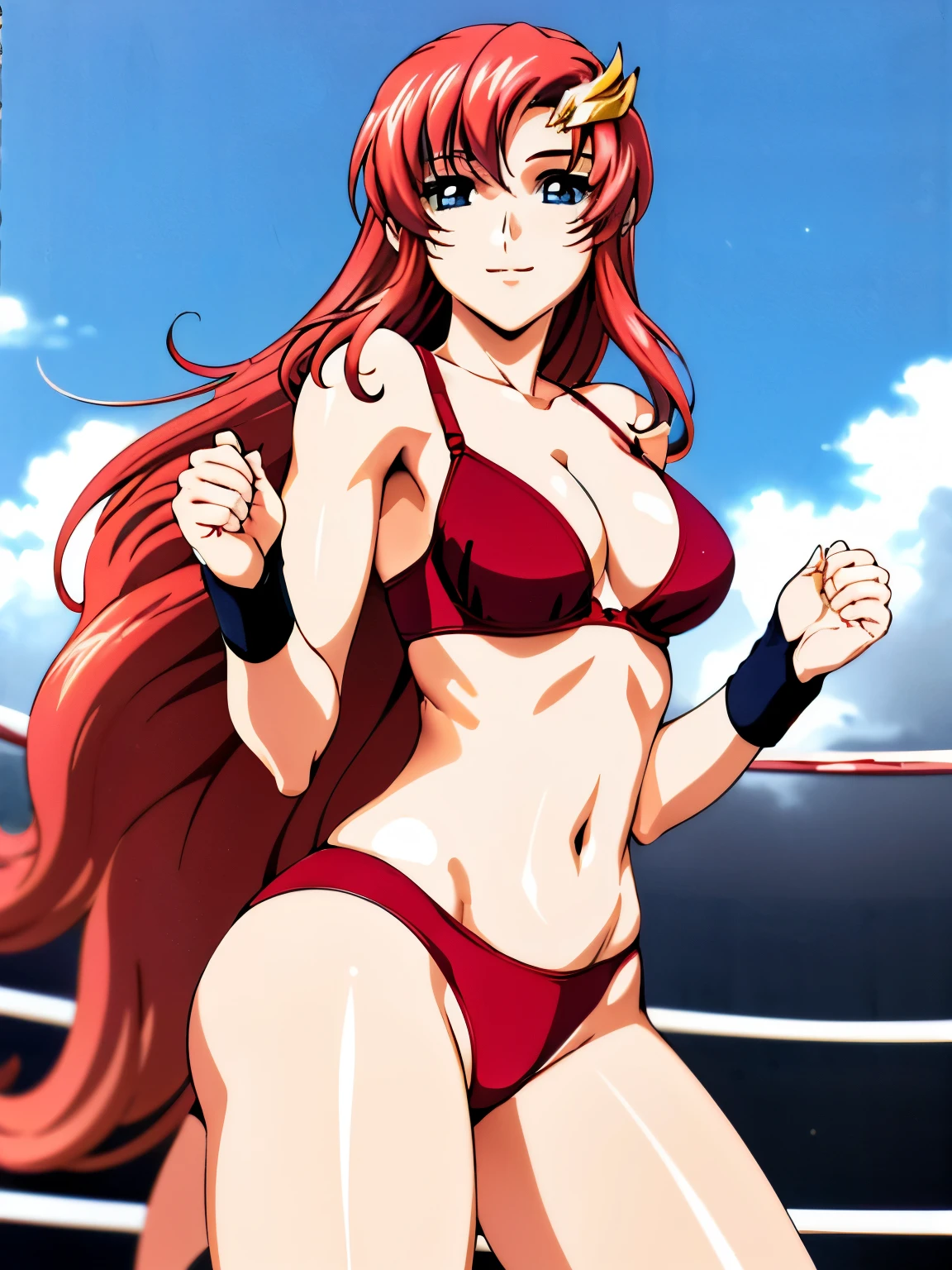 lacus4, (red bikini, running, thong, thin girl, masterpiece, cowboy shot, very slim shoulders, 4K, Best Quality, Anime style: 1.9, happy, Adult Woman, (ultra detailed head), (wrestling arena with crowd, cloud background), Drawing lines, high resolution, lacus4), 1girl, Solo, curvy figure, Long hair, clavicle, scapular, (Detailed wide hair bangs, Hair Ornament, Detailed reddish-pink hair, shiny streaks, slim arms, detailed golden crest), cleavage, large hands, (hair cover shoulders). (Big blue eyes, shiny eyes), ((female wrestler, (slim body), slim arms, closed fists, thighs)), ((perfect proportions, medium-small breasts, medium thighs, long belly)), ((totally red bra)), smile with a wink, (standing, hot colors), detailed fingers, (bare shoulders)