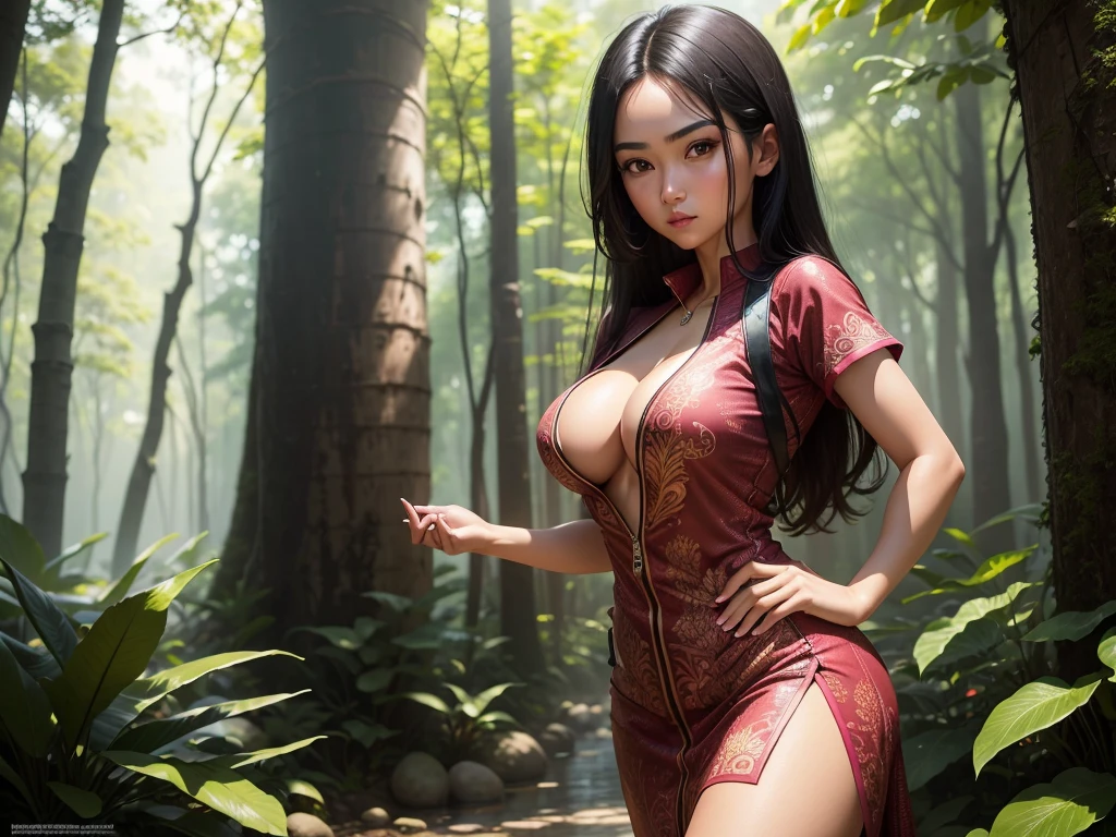 HD wallpaper, 1 Indonesia woman, 19 years old, long black hair, olive skin, smaller head, brown eyes, toned body, medium breasts, hard pink nipple, short sleeve dark red kebaya, cleavage, tight white batik pattern skirt with zipper, cleavage the zipper, masterpiece, ultra HD, realistic masterpiece, blurred forest background, archipelago, sexy and sensual poses, perfect hands, perfect face, perfect details, sharp focus