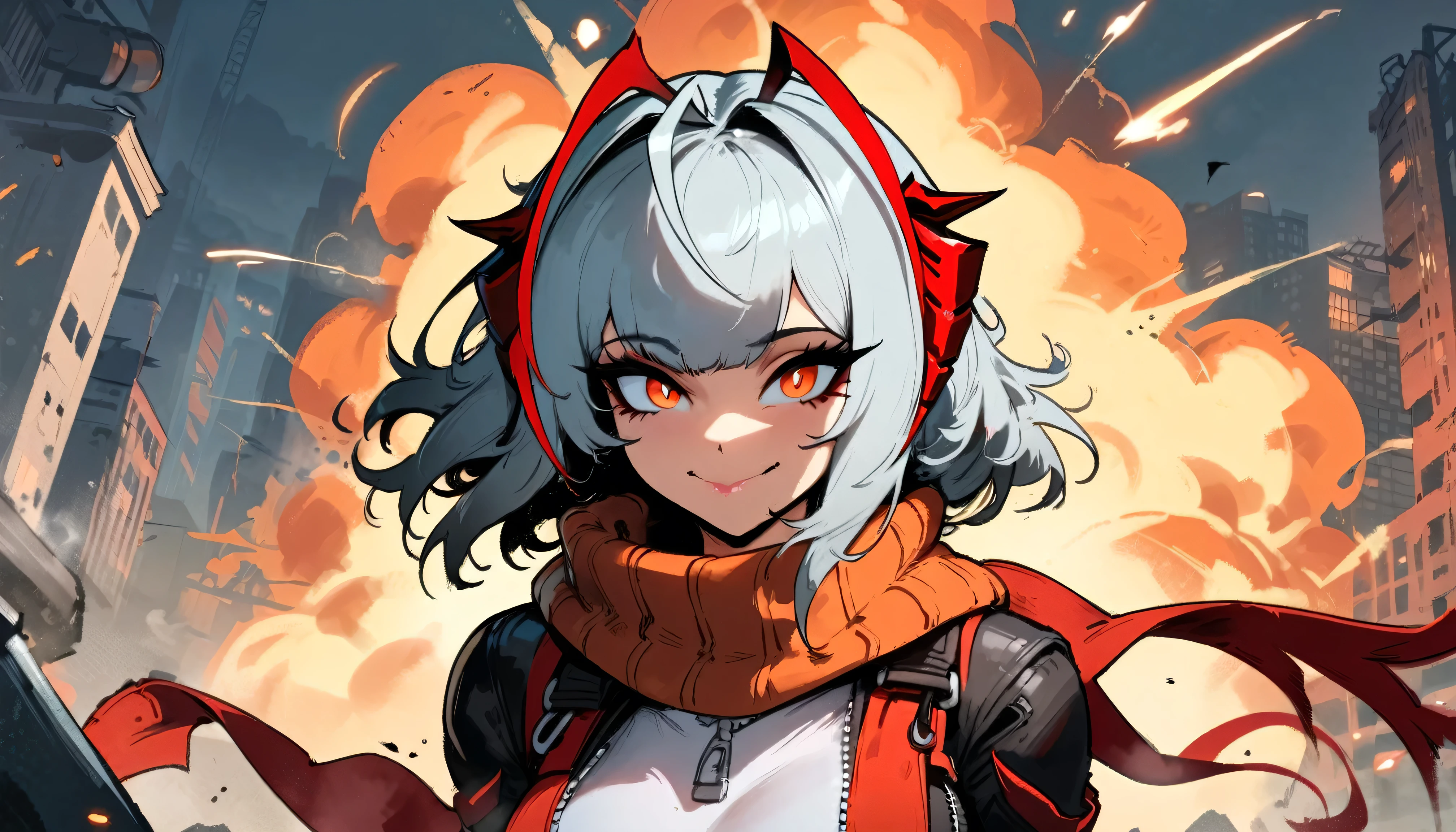 1girl, W \(arknights\), arknights \\\\\ masterpiece, best quality, very aesthetic, absurdres, newest \\\\\\ slim body,///// ,by nyantcha,cutesexyrobutts , by khyle,,////// ,,solo,smile , , ,,detailed face, , ,crazy , , portrait, wallpaper, , beautiful face, ruins, sexy, , orange eyes, explosion in the background, city, kaboom!, scarf