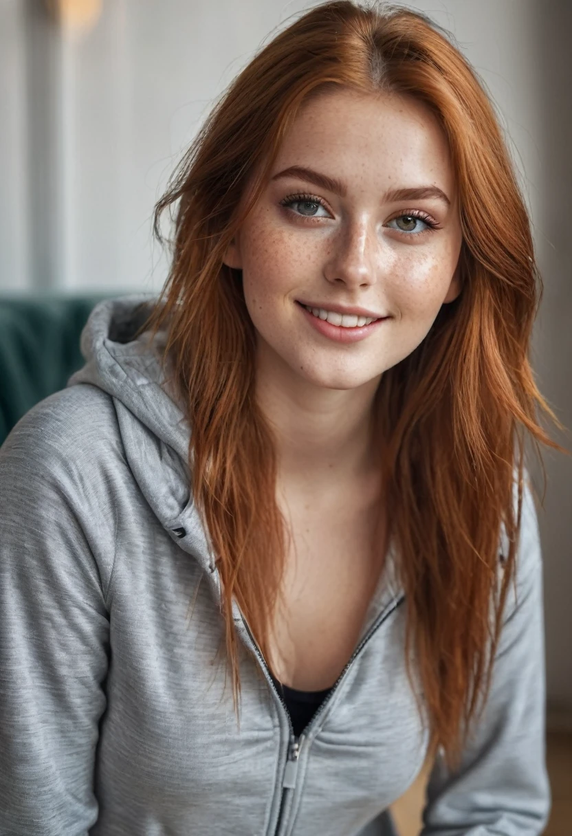hyperrealistic beautiful busty 20-year-old woman with long legs wearing casual clothes with longsleeve bodysuit and sneakers, model shooting full body photography, natural redhead long straight hair, freckles, soaky wet skin, dark eye makeup with eyeliner, seductive smile, small necklace, 8K, Best quality, Meisterwerk, ultra high resolution, (Realismus: 1.4), Originalfoto, (realistische Hautstruktur: 1.3), (Filmkorn: 1.3), (Selfie-Winkel), 1 girl, Beautiful round hazel eyes and facial details, Meisterwerk, Best quality, indoor photography in a puffer jacket store