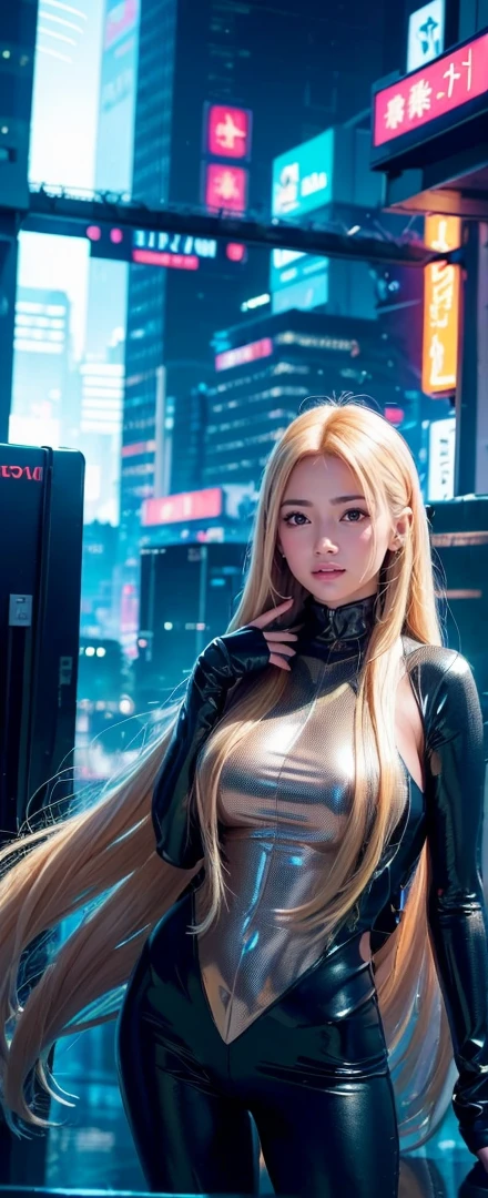 detailed futuristic park,skyscrapers,shiny metallic architecture,hovering cars,neon lights,glowing holographic displays,futuristic girl taking a selfie,bright happy smile,warm lighting,vibrant colors,cinematic atmosphere,photorealistic,8k,high resolution, ((( Russian and Japanese mix, golden hair, straight long hair, gazing, parted lips)))