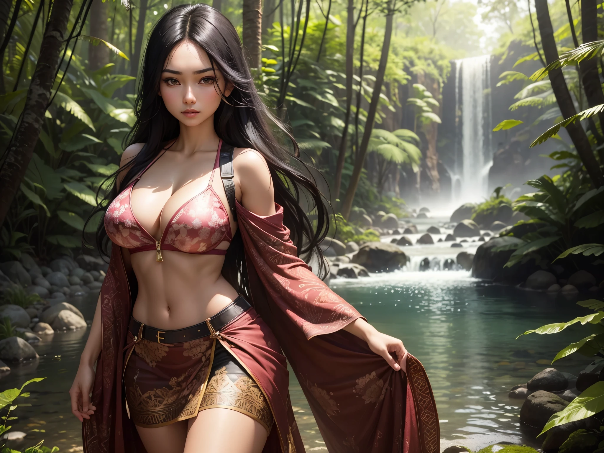 HD wallpaper, 1 Indonesia woman, 19 years old, long black hair, olive skin, smaller head, brown eyes, toned body, medium breasts, hard pink nipple, short sleeve dark red kebaya, cleavage, tight white batik pattern skirt with zipper, cleavage the zipper, masterpiece, ultra HD, realistic masterpiece, blurred forest background, archipelago, sexy and sensual poses, perfect hands, perfect face, perfect details, sharp focus