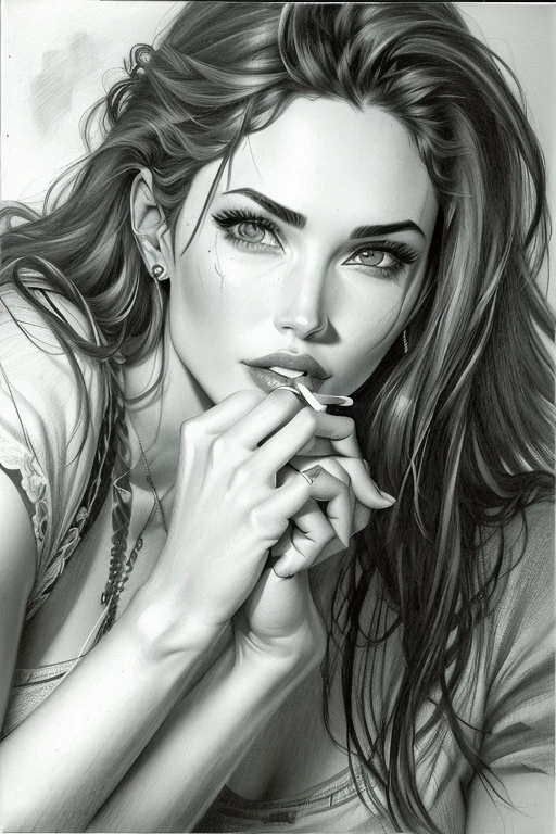 um desenho de uma mulher com cabelo comprido e um cigarro, retrato de megan fox, Retrato de Megan Fox, desenho realista, desenho de realismo, realistic sketch, pencil draw, pencil drawing, retrato de angelina Jolie, realistic pencil drawing, Retrato de Megan Fox as demon, sketch art, retrato da angelina jolie, artistic design, high quality sketch art, award - winning pencil drawing