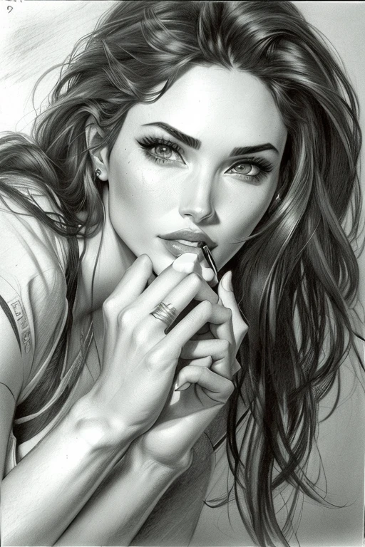 um desenho de uma mulher com cabelo comprido e um cigarro, retrato de megan fox, Retrato de Megan Fox, desenho realista, desenho de realismo, realistic sketch, pencil draw, pencil drawing, retrato de angelina Jolie, realistic pencil drawing, Retrato de Megan Fox as demon, sketch art, retrato da angelina jolie, artistic design, high quality sketch art, award - winning pencil drawing