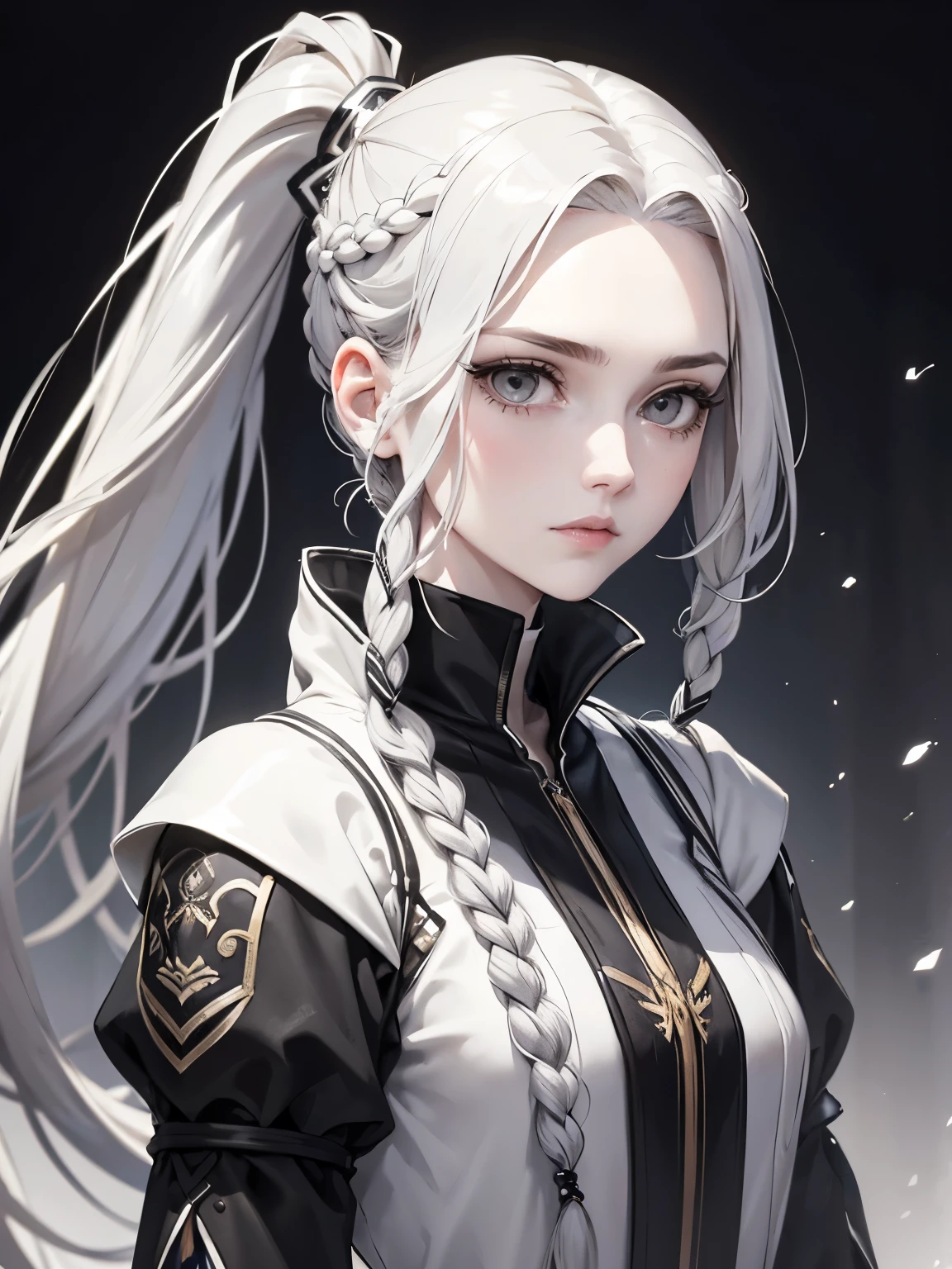 Cassandra is a tall young woman with pale skin.., gray eyes and white wavy hair with gray streaks, braided into a high ponytail with many small braids. Two strands of hair and asymmetrical bangs go down the sides of the face.
