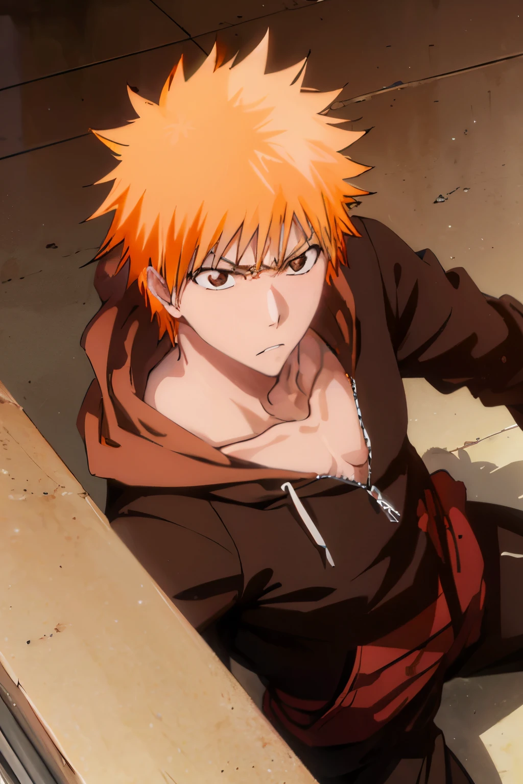 ichigo kurosaki, short hair, orange hair, spiked hair, (brown eyes:1.5), black hoodie, angry