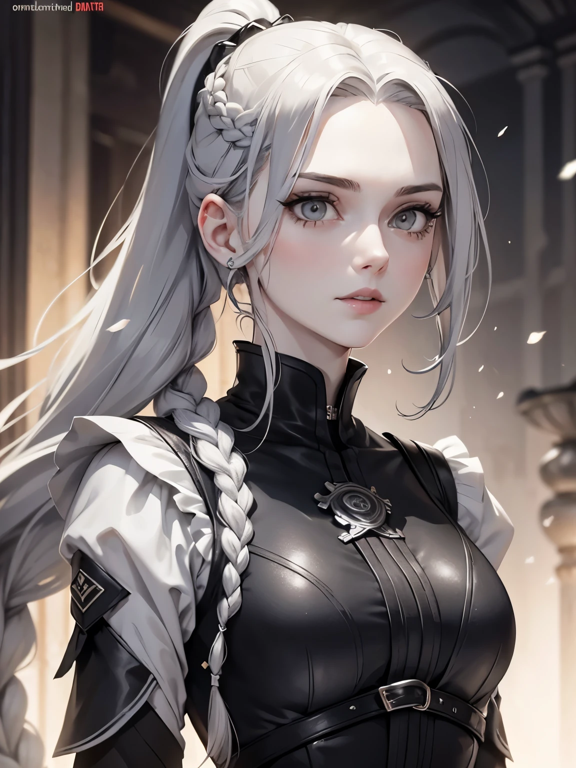 Cassandra is a tall young woman with pale skin.., gray eyes and white wavy hair with gray streaks, braided into a high ponytail with many small braids. Two strands of hair and asymmetrical bangs go down the sides of the face.