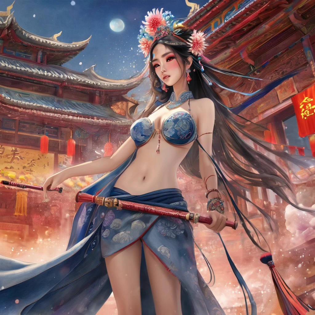 Best quality, masterpiece, super detailed high resolution, (realistic: 1.4), watercolor style, illustration, dazzling background color,, 1 topless Girl Holding Weapon, (Solo Exhibition: 1.2), (Denim Lens: 1.2), (Hair Crown: 1.2), Chinese Dunhuang Traditional Costume, No Straps, (Red Eyeliner: 1.2), (: 1.4), Earrings, Dynamic Angle, Opera House, messy_long_hair, Ink, Movie Lights, lens_flare, Velvet, Chrysanthemum, Tassels, Ribbons, Color Embroidery, topless