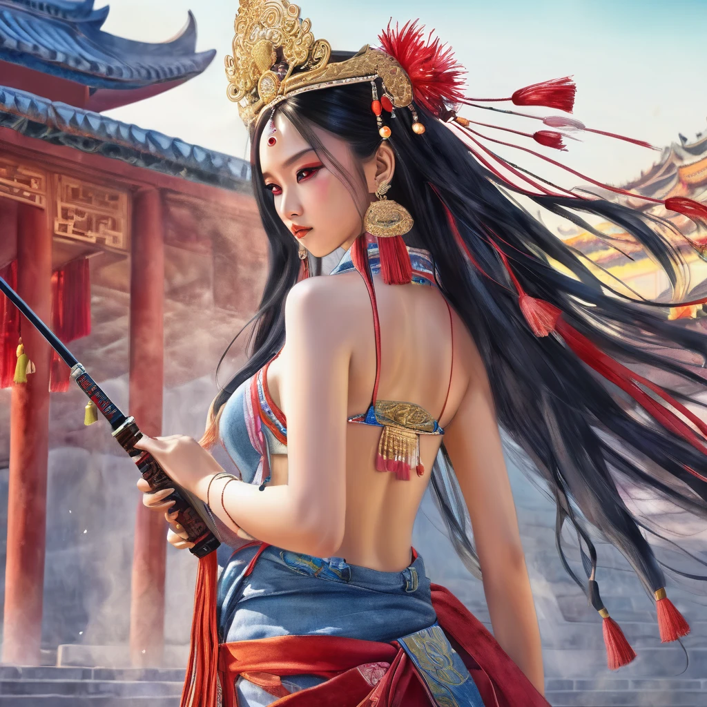 Best quality, masterpiece, super detailed high resolution, (realistic: 1.4), watercolor style, illustration, dazzling background color,, 1 nude Girl Holding Weapon, (Solo Exhibition: 1.2), (Denim Lens: 1.2), (Hair Crown: 1.2), Chinese Dunhuang Traditional Costume, No Straps, (Red Eyeliner: 1.2), (: 1.4), Earrings, Dynamic Angle, Opera House, messy_long_hair, Ink, Movie Lights, lens_flare, Velvet, Chrysanthemum, Tassels, Ribbons, Color Embroidery,