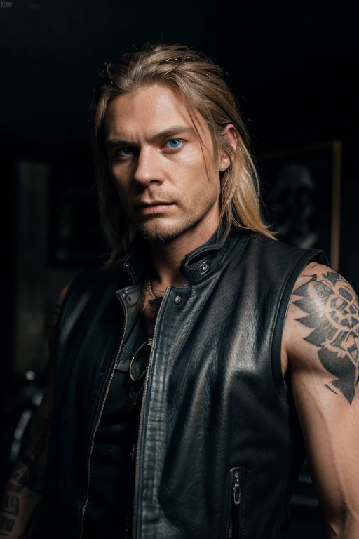 a man with intense blue eyes, shoulder-length blond hair, wearing a black leather motorcycle club vest, a tattoo of a wolf's head with a skull, detailed realistic portrait, hyper realistic, 8k, highly detailed, sharp focus, ultra detailed, photorealistic, dramatic lighting, strong chiaroscuro, moody atmosphere, dark and gritty