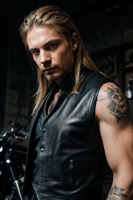 a man with beautiful detailed blue eyes, beautiful detailed blond hair, wearing a motorcycle club leather vest, tattoo of a wolf with a skull, (best quality,4k,8k,highres,masterpiece:1.2),ultra-detailed,(realistic,photorealistic,photo-realistic:1.37),highly detailed, intricate, cinematic lighting, dramatic composition, studio lighting, physically-based rendering, hyper-detailed, sharp focus, vibrant colors, portrait