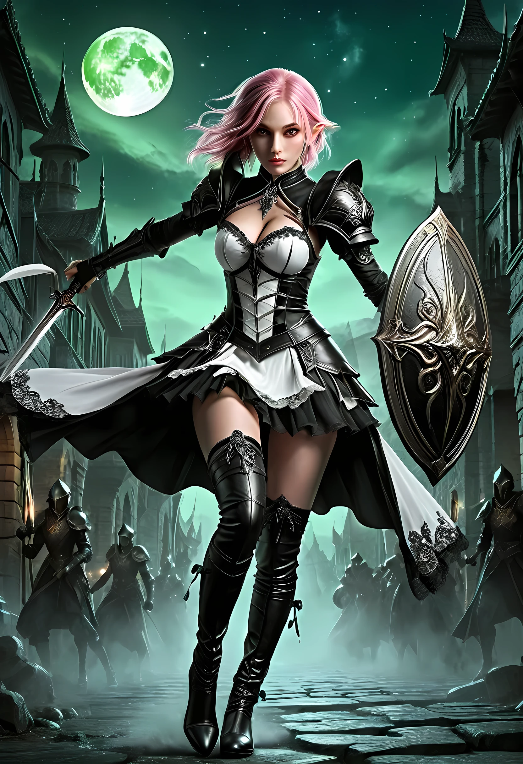 Arafed, high details, best quality, 16k, [ultra detailed], masterpiece, best quality, (extremely detailed), full body, ultra wide shot, photorealistic, a picture of a female elf, in ((black and white: 1.5)) tight lace maid uniform (((masterpiece))), high heeled, leather boots, ready for combat wielding a sword (((masterpiece))), she has (pink: 1.5) hair in a bun, glowing (green: 1.5) eyes, she stands ready for battle in fantasy dark street of fantasy palace, its night time, the moon is high in the sky, many stars in the night, high details, best quality, highres, ultra wide angle, dark novel