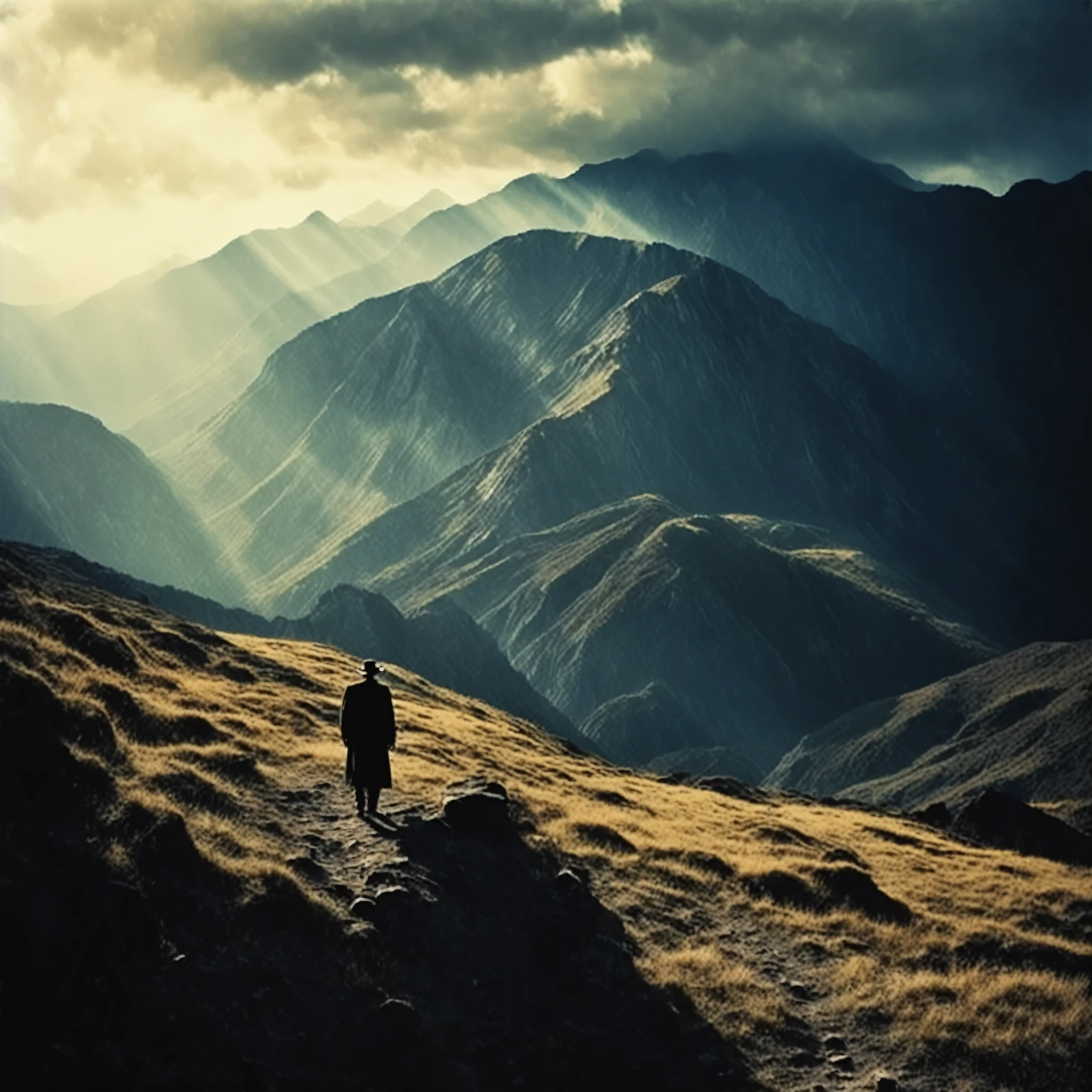 eerie horror scene, old 35mm vintage, dark grainy old photo, 1800-century explorer in mountain scenery, god rays