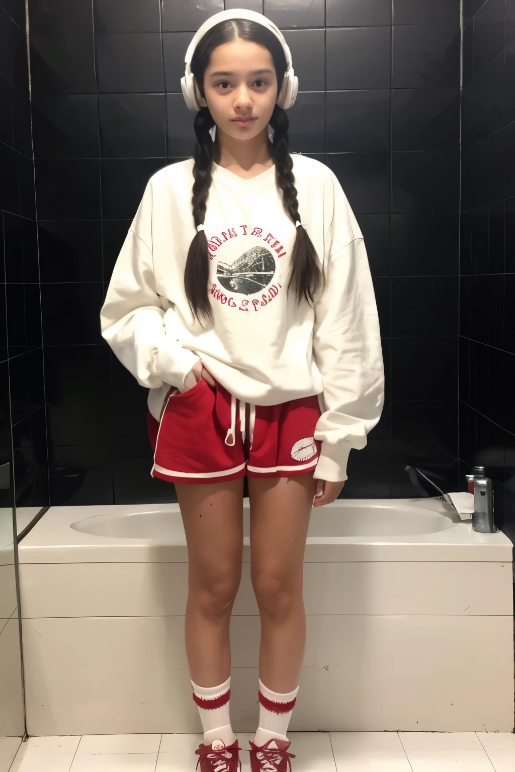 Hyper realistic photo of a teenage girl full body black hair two braids a covered of freckles wearing a simple white panties sneakers and long white socks a tight red vintage t-shirt a black scarf around her neck and headphones a black backpack full body standing in the toilet