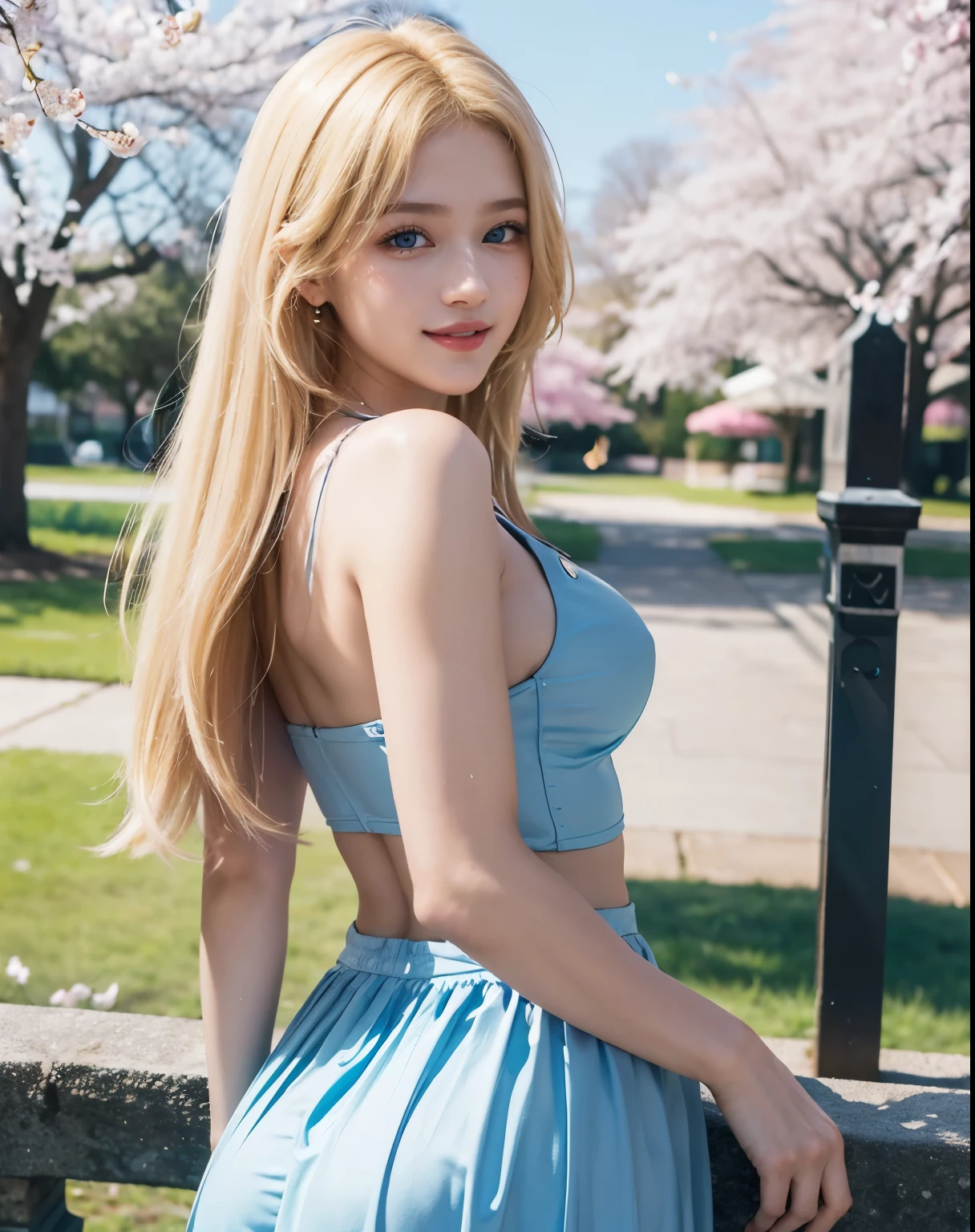 1girl, (Blue Eyes), (smiling :1.2), (Sana Minatozaki), (wide hips), Big tits, (big ass), (Best Quality, 8k, Masterpiece: 1.3), Clear Focus: 1.2, Perfect Body Beauty: 1.4, strong abs, Highly detailed face and skin texture, detailed eyes, double eyelids, (blonde long straight hair :1.2), Very delicate and beautiful brightly colored clothing, Upper Body, Looking at the audience, Show me your ears, Background in front of the school gate、Beautiful cherry blossom tree background, Face close-up, Tall Portrait, Attractive woman