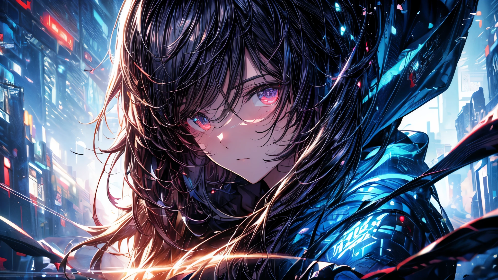 ((masterpiece、Highest quality))Cyberpunk City、 Woman in hoodie, Highly detailed art gems, Lost Draw digital painting, :: Lost Draw, Gwen Stacy, Artjam and Athi Gairan, Style Art Germ, Lost Draw global illumination, 8k art germany bokeh、Close-up face
