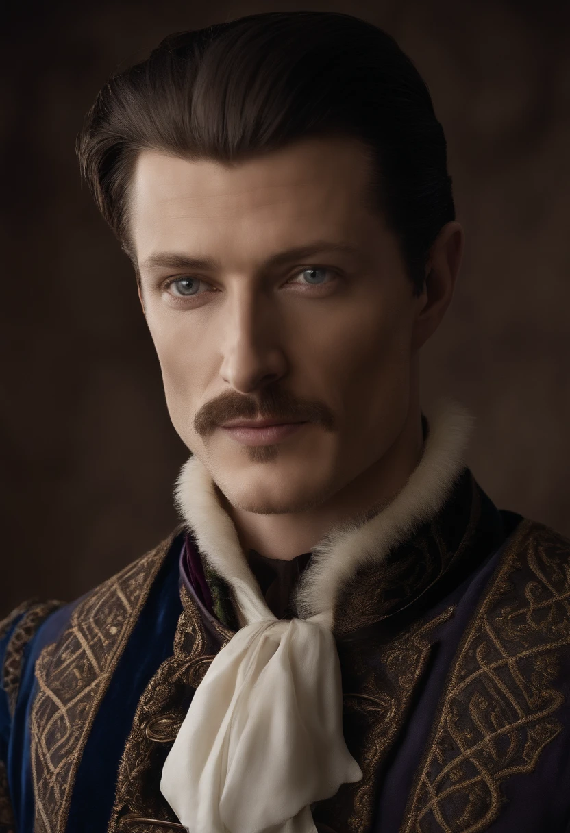 Petyr had been slight and short for his age as a boy, and nearing his thirties, he is still a short man of slender build. Petyr has sharp features, a small pointed beard on his chin, and dark hair with threads of grey running through it. He has laughing gray-green eyes. Petyr owns a slashed velvet doublet in cream-and-silver, a plum-colored doublet with a mockingbird embroidered on the breast in black thread, a blue velvet tunic with puffed sleeves, and a black velvet doublet with grey sleeves. He is partial to shades of rose and plum. His cloaks, which are clasped with a silver mockingbird, include grey silk trimmed with black fox, stripes of black and white, and a pattern of mockingbirds.