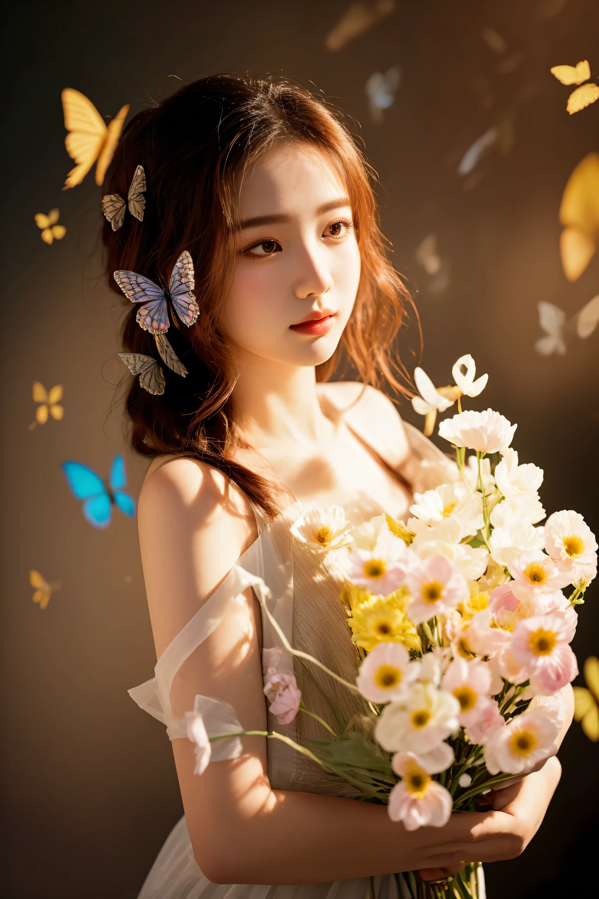 there is a woman holding a bouquet of flowers with butterflies flying around, with flowers, with bloom ethereal effects, beautiful young korean woman, photo taken with nikon d 7 5 0, photo taken with nikon d750, 8k artistic portrait photography, beautiful south korean woman, soft portrait shot 8 k, gorgeous young korean woman, korean artist