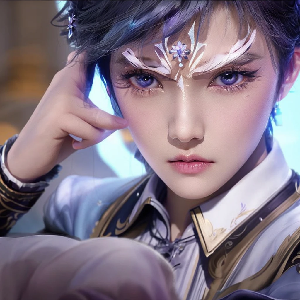 Close up of a woman with blue hair and purple shirt, Superb beauty,((short detailed hair)),Portrait Chevaliers du Zodiaque Fille, zhongli from genshin impact, Keqing from Genshin Impact, Yun Ling, inspired by Leng Mei, Beautiful character painting, uma linda princesa, Exquisite princess, portrait of a female mage, Rendu portrait 8k