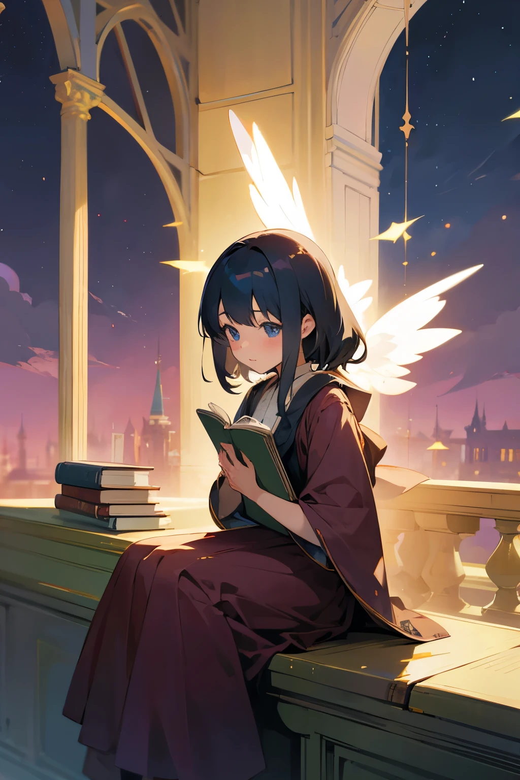 An anime girl carrying a book of various beautiful stories while sitting in a very beautiful and magical place
