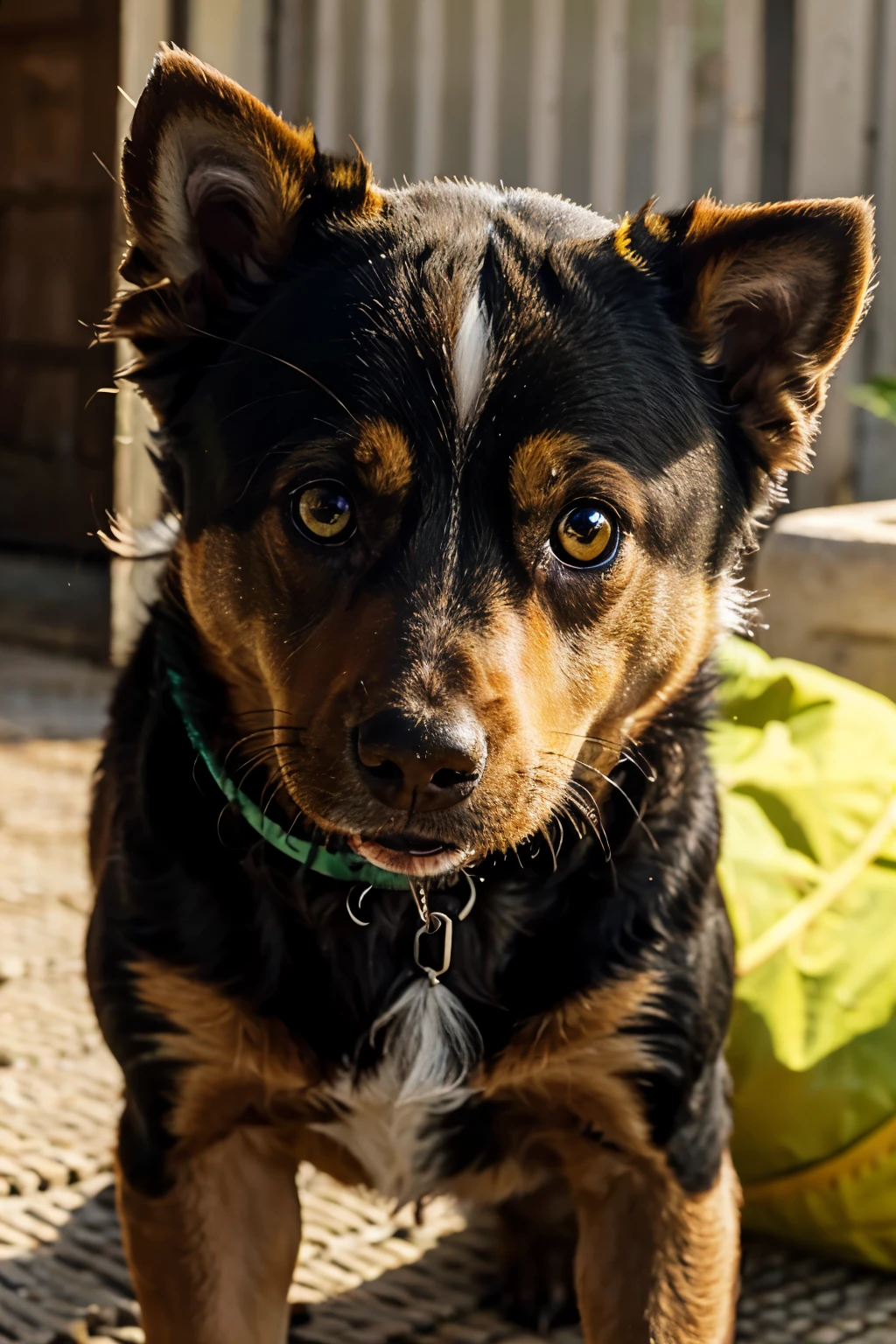 A brown dog with green eyes, a little bit of a brown Indian dog with black eyes and two cockatiels, one yellow and the other gray with a yellow face