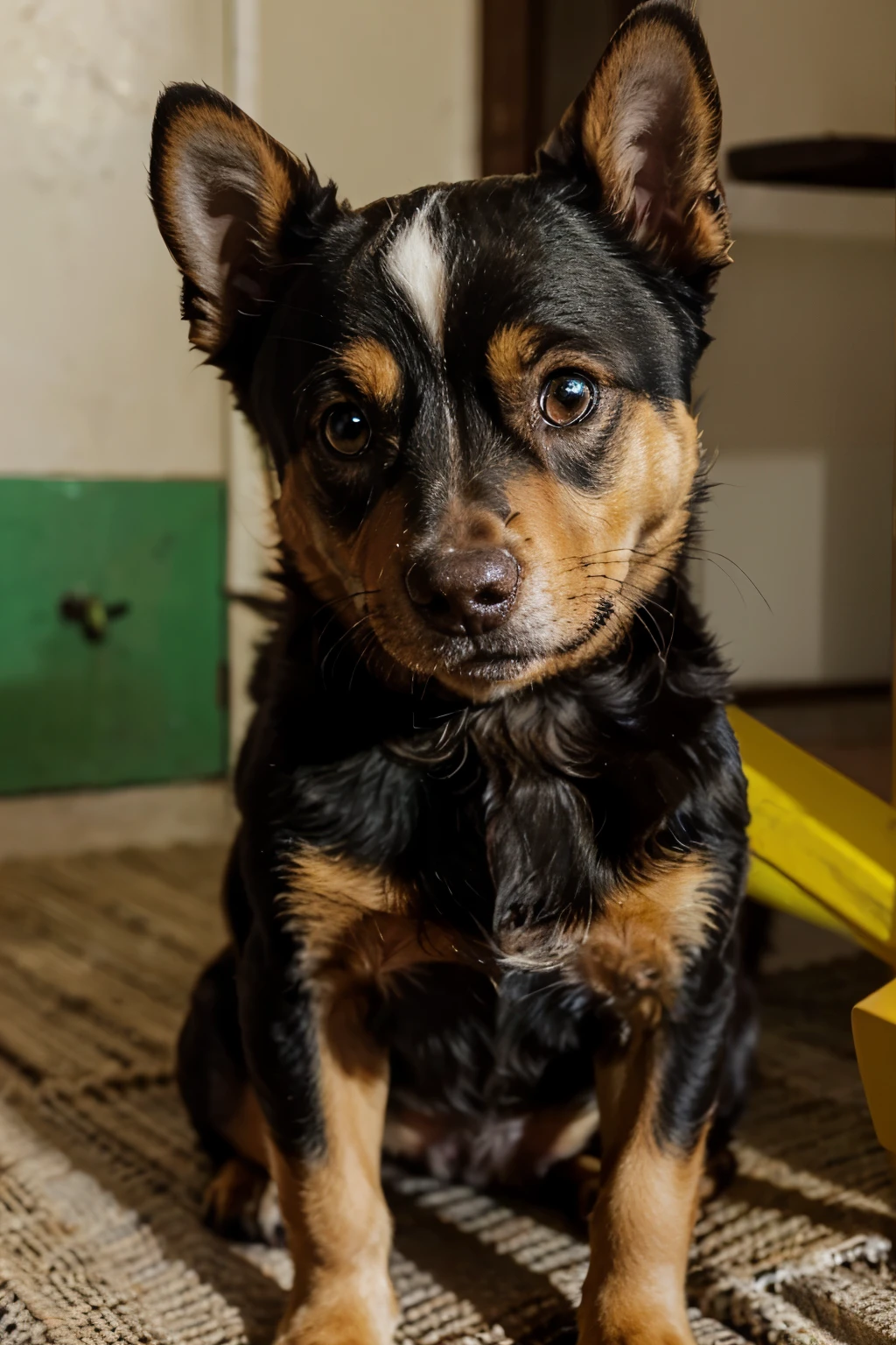 A brown dog with green eyes, a little bit of a brown Indian dog with black eyes and two cockatiels, one yellow and the other gray with a yellow face 