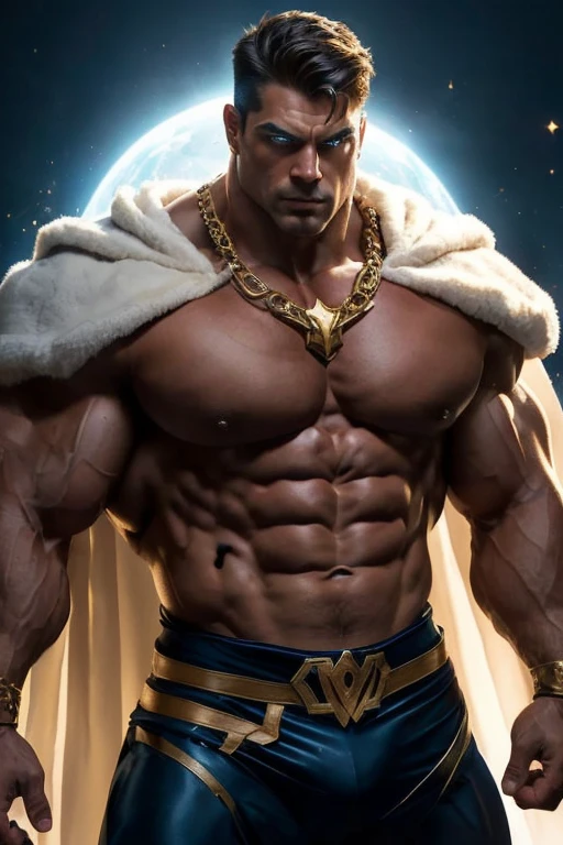 a close up of a handsome man with a cape on his shoulders, muscular male hero, strong and imposing, muscular character, super buff and cool, mr universe, big chest, massive muscles, bodybuilder superhero , exaggerated physique, buff man, heroic masculine pose,