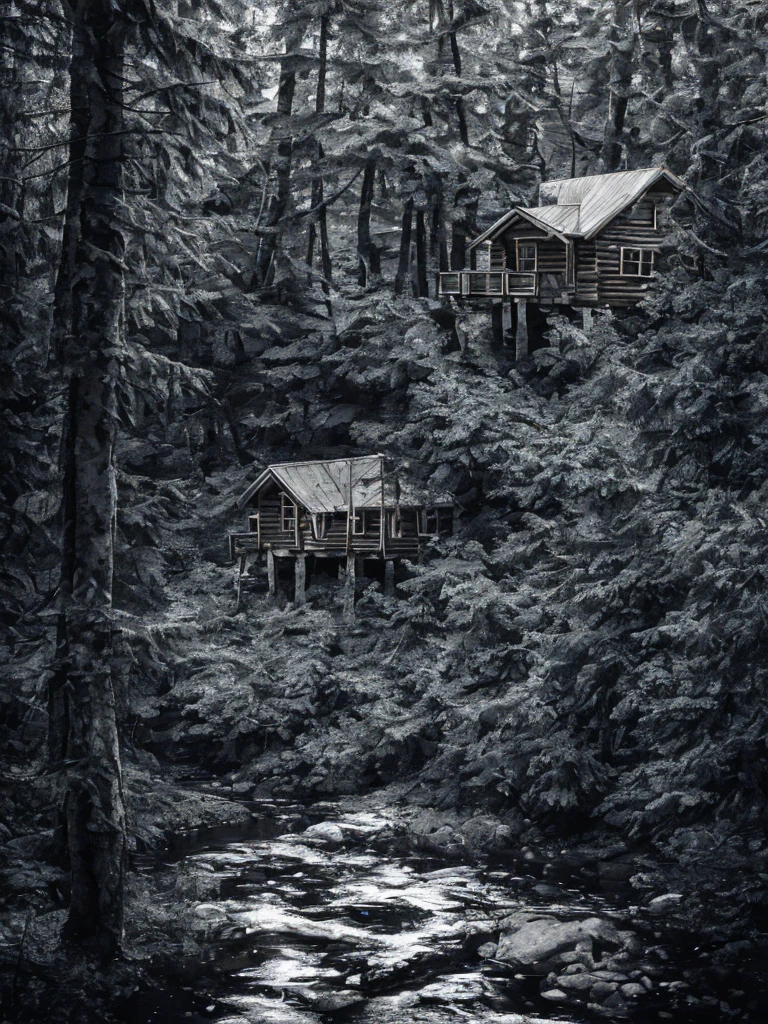 Wooden cabin in the forest, river flowing past