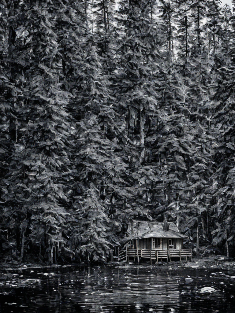 Wooden cabin in the forest, river flowing past