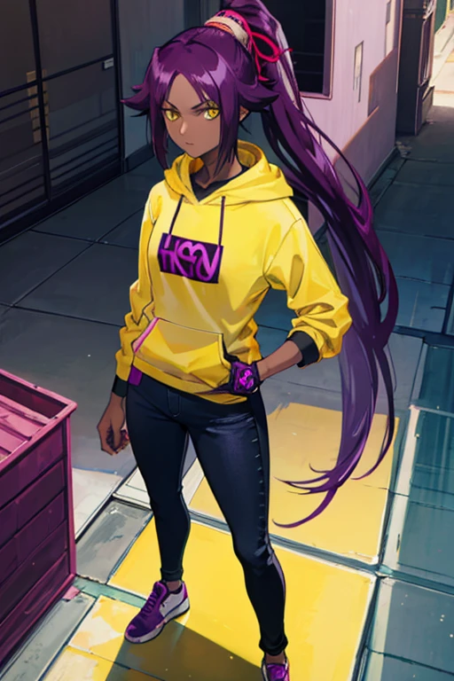 yoruichi shihouin, long hair, (yellow eyes:1.5), ponytail, purple hair, dark skin, dark-skinned female, neon purple hoodie, jeans pants, standing infront building