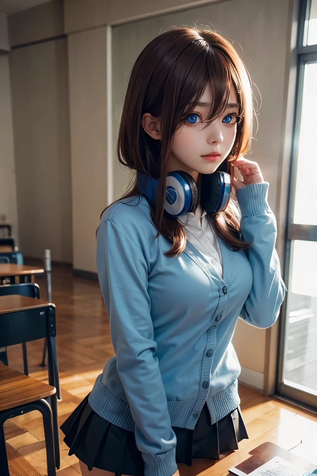 mikunakano, miku nakano, long hair, bangs, blue eyes, brown hair, shirt, hair between eyes, headphones, cardigan, headphones around neck,
BREAK skirt, shirt, long sleeves, white shirt, pantyhose, pleated skirt, black pantyhose, cardigan, green skirt, blue cardigan,
BREAK indoors, classroom,
BREAK looking at viewer, BREAK (masterpiece:1.2), best quality, high resolution, unity 8k wallpaper, (illustration:0.8), (beautiful detailed eyes:1.6), extremely detailed face, perfect lighting, extremely detailed CG, (perfect hands, perfect anatomy),