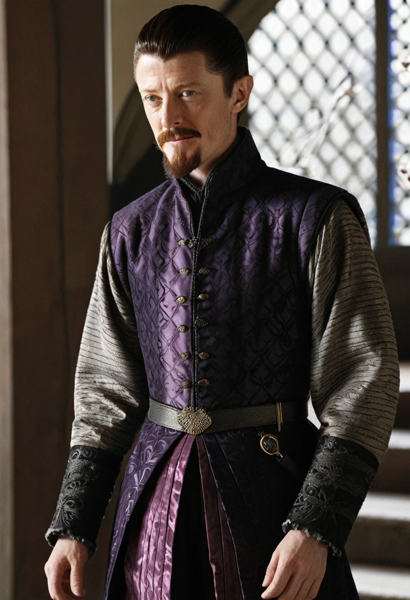 Petyr had been slight and short for his age as a boy, and nearing his thirties, he is still a short man of slender build. Petyr has sharp features, a small pointed beard on his chin, and dark hair with threads of grey running through it. He has laughing gray-green eyes. Petyr owns a slashed velvet doublet in cream-and-silver, a plum-colored doublet with a mockingbird embroidered on the breast in black thread, a blue velvet tunic with puffed sleeves, and a black velvet doublet with grey sleeves. He is partial to shades of rose and plum. His cloaks, which are clasped with a silver mockingbird, include grey silk trimmed with black fox, stripes of black and white, and a pattern of mockingbirds.