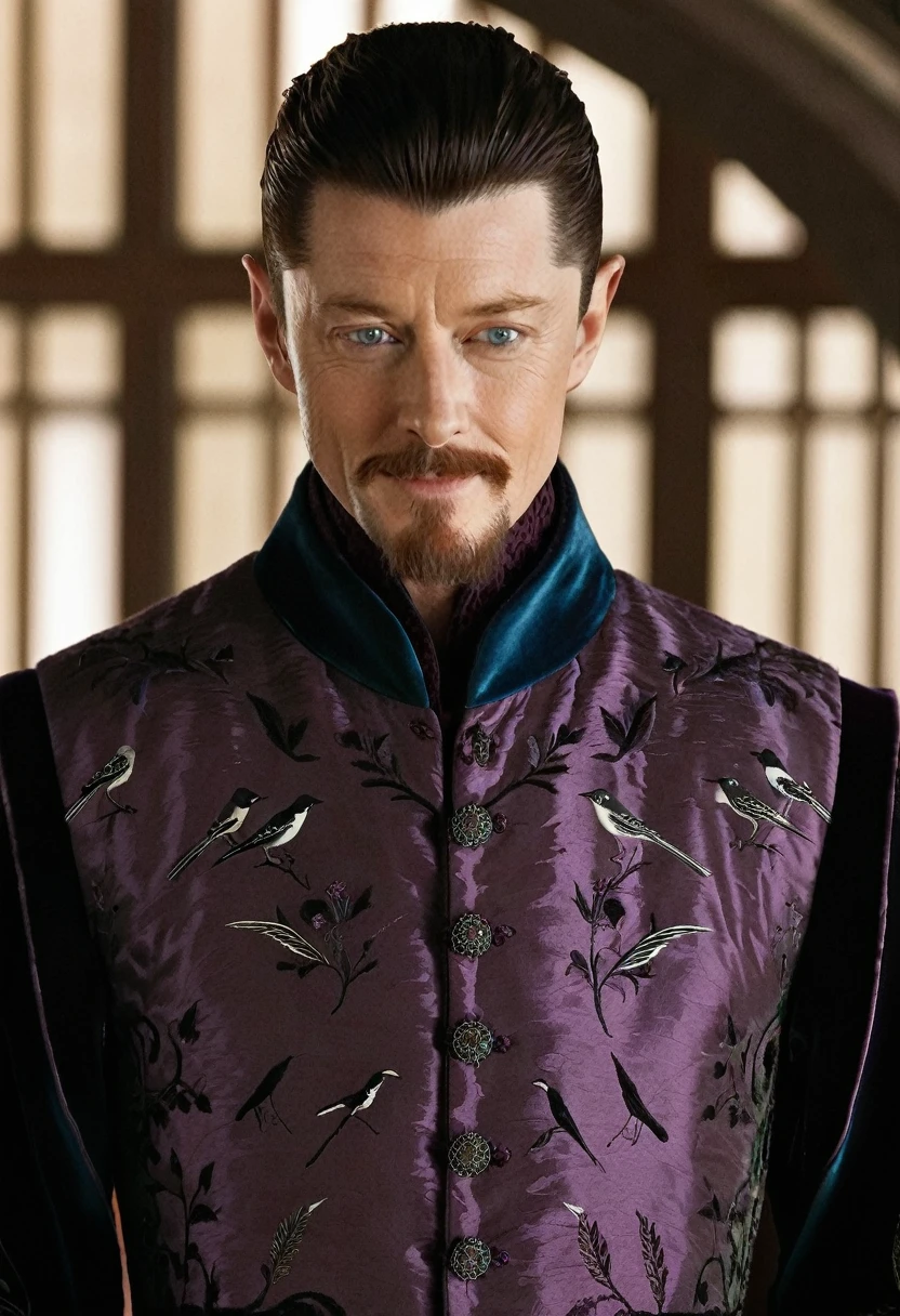 Petyr had been slight and short for his age as a boy, and nearing his thirties, he is still a short man of slender build. Petyr has sharp features, a small pointed beard on his chin, and dark hair with threads of grey running through it. He has laughing gray-green eyes. Petyr owns a slashed velvet doublet in cream-and-silver, a plum-colored doublet with a mockingbird embroidered on the breast in black thread, a blue velvet tunic with puffed sleeves, and a black velvet doublet with grey sleeves. He is partial to shades of rose and plum. His cloaks, which are clasped with a silver mockingbird, include grey silk trimmed with black fox, stripes of black and white, and a pattern of mockingbirds.