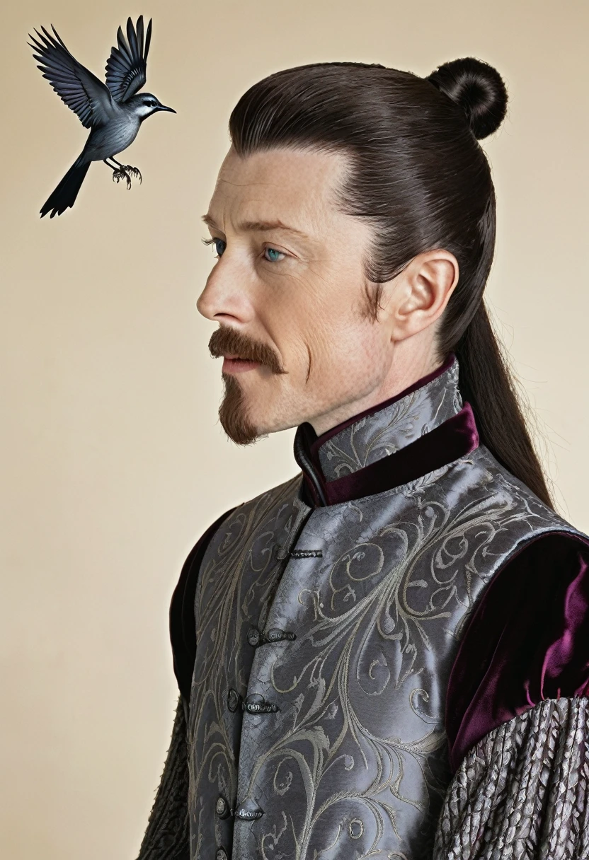 Petyr had been slight and short for his age as a boy, and nearing his thirties, he is still a short man of slender build. Petyr has sharp features, a small pointed beard on his chin, and dark hair with threads of grey running through it. He has laughing gray-green eyes. Petyr owns a slashed velvet doublet in cream-and-silver, a plum-colored doublet with a mockingbird embroidered on the breast in black thread, a blue velvet tunic with puffed sleeves, and a black velvet doublet with grey sleeves. He is partial to shades of rose and plum. His cloaks, which are clasped with a silver mockingbird, include grey silk trimmed with black fox, stripes of black and white, and a pattern of mockingbirds.