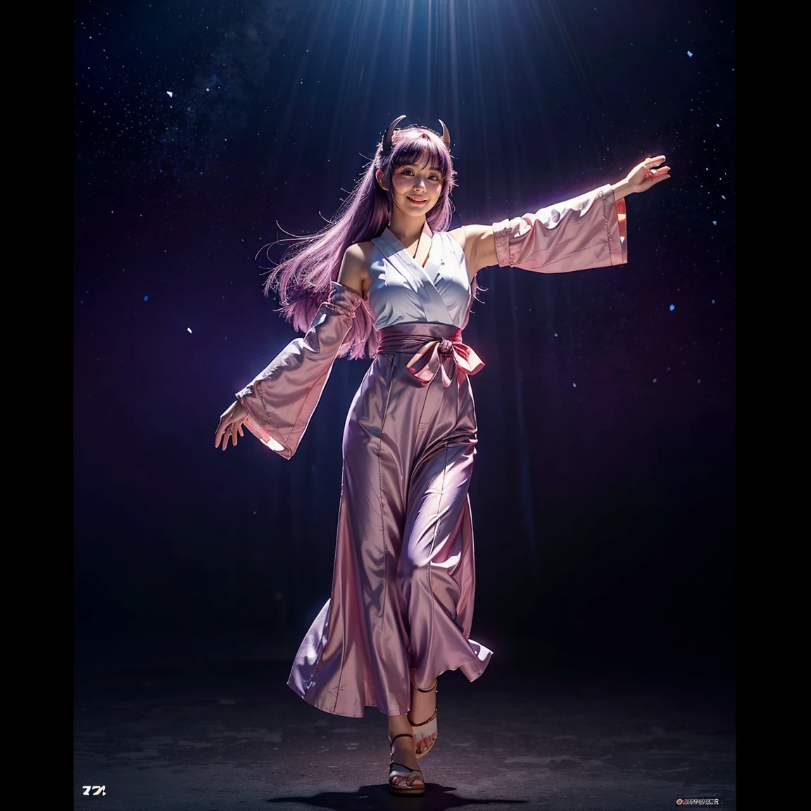 ultra-detailed, Beautiful body, Beautiful Nose, Beautiful character design, perfect eyes, perfect face, ultra highres, 16K, beautiful legs, perfect legs, Nice hands, Perfect hands, Masterpiece, Best Quality, Highly detailed, illustration, absurdres, perfect anatomy, expression of joy, glowing eyes, looking at viewer, mystic aura, female priestess, full body, goddess-like, happy trance, perfect female body, smile, japanese clothes, miko, detached sleeves, hakama, hakama skirt, red hakama, ribbon-trimmed sleeves, joyful eyes, horns, 1girl, hair ornaments, purple hair, long hair, purple eyes, (((pixel-perfect, detail-perfect))), solo, Hanyuu, higurashi when they cry, umineko when they cry, medium sized natural breasts