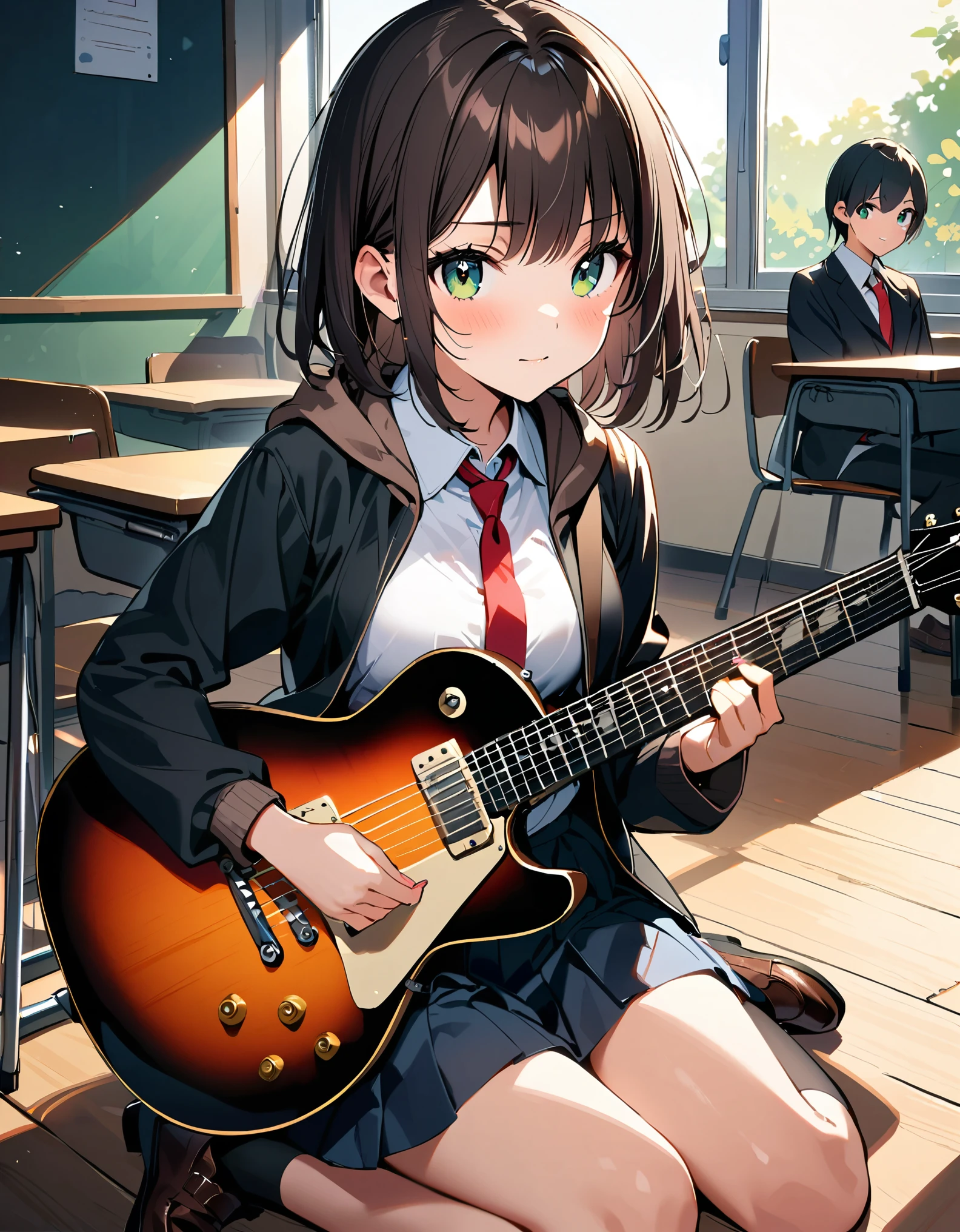 1girl, high school student, dark brown hoodie jacket, white shirt, red ribbon bow necktie, pleaded skirt, miniskirt, bare legs, black socks, brown shoes, jet black hair, short hair, green eyes, beautiful detailed eyes, beautiful detailed face, cute face, medium breasts, age 16-18, solo, solo focus, (playing guitar, electric guitar), classroom backdrop, warm lighting, empty classroom