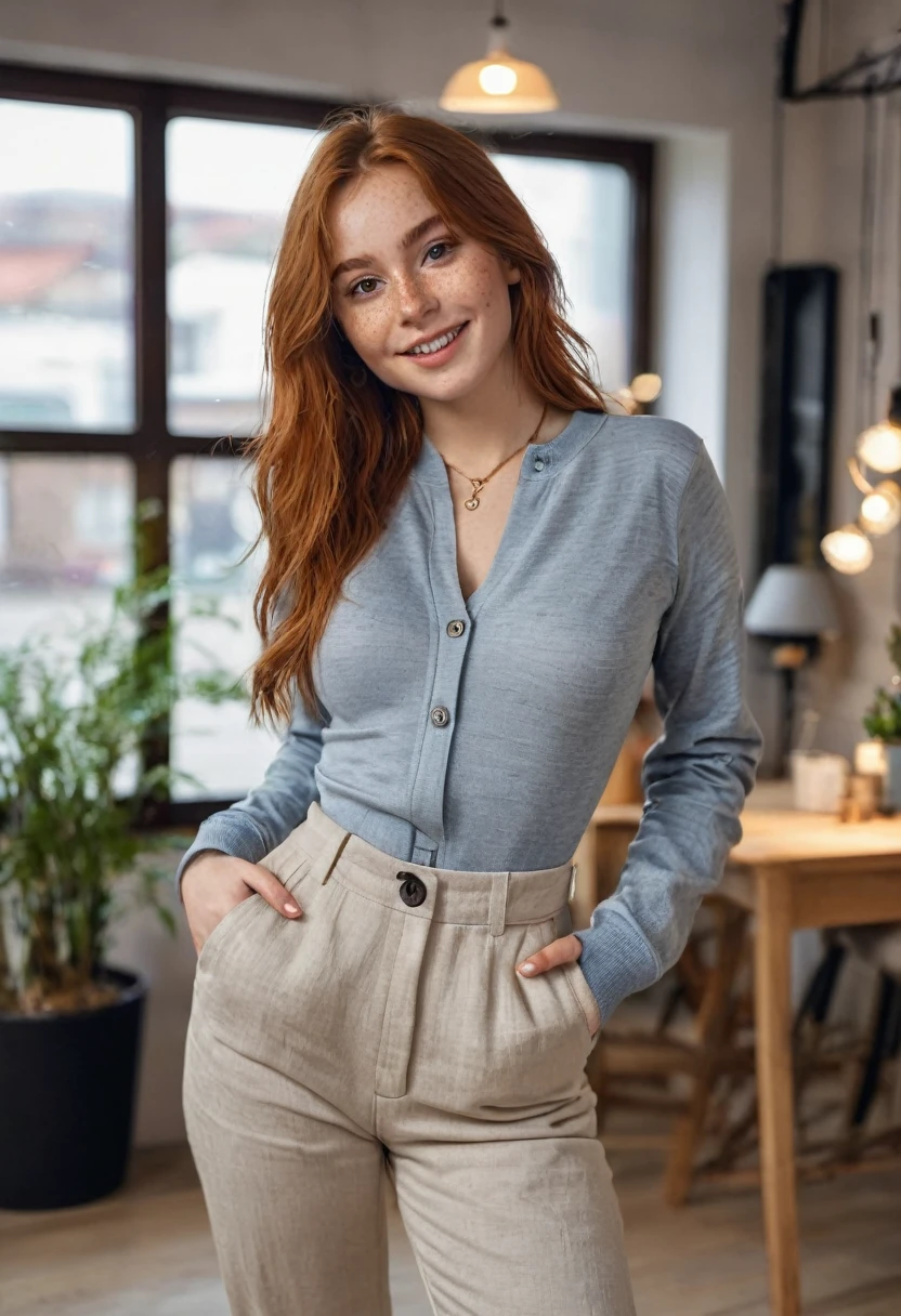 hyperrealistic beautiful busty 20-year-old woman with long legs wearing casual clothes longsleeve bodysuit with linen-trousers and sneakers, model shooting full body photography, natural redhead long straight hair, freckles, soaky wet skin, dark eye makeup with eyeliner, seductive smile, small necklace, 8K, Best quality, Meisterwerk, ultra high resolution, (Realismus: 1.4), Originalfoto, (realistische Hautstruktur: 1.3), (Filmkorn: 1.3), (Selfie-Winkel), 1 girl, Beautiful round hazel eyes and facial details, Meisterwerk, Best quality, indoor photography in a puffer jacket store
