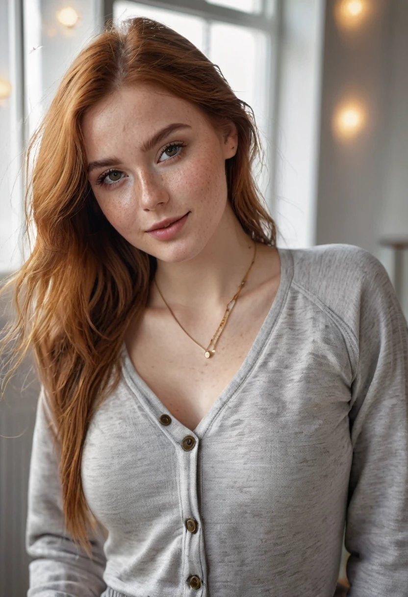 hyperrealistic beautiful busty 20-year-old woman with long legs wearing casual clothes longsleeve bodysuit with linen-trousers and sneakers, model shooting full body photography, natural redhead long straight hair, freckles, soaky wet skin, dark eye makeup with eyeliner, seductive smile, small necklace, 8K, Best quality, Meisterwerk, ultra high resolution, (Realismus: 1.4), Originalfoto, (realistische Hautstruktur: 1.3), (Filmkorn: 1.3), (Selfie-Winkel), 1 girl, Beautiful round hazel eyes and facial details, Meisterwerk, Best quality, indoor photography in a puffer jacket store