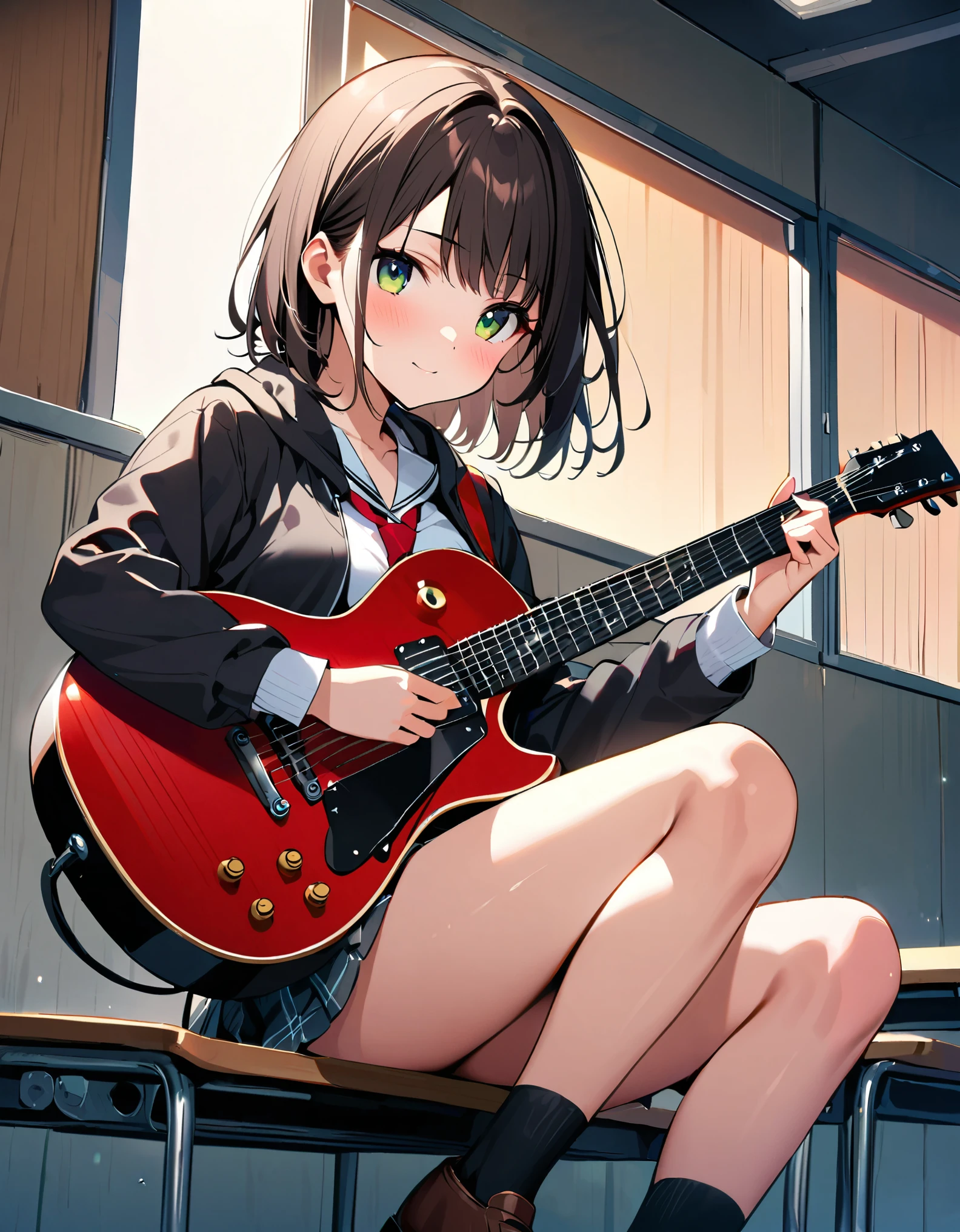 1girl, high school student, dark brown hoodie jacket, white shirt, red ribbon bow necktie, pleaded skirt, miniskirt, bare legs, black socks, brown shoes, jet black hair, short hair, green eyes, beautiful detailed eyes, beautiful detailed face, cute face, medium breasts, age 16-18, solo, solo focus, (playing guitar, electric guitar), classroom backdrop, warm lighting, empty classroom