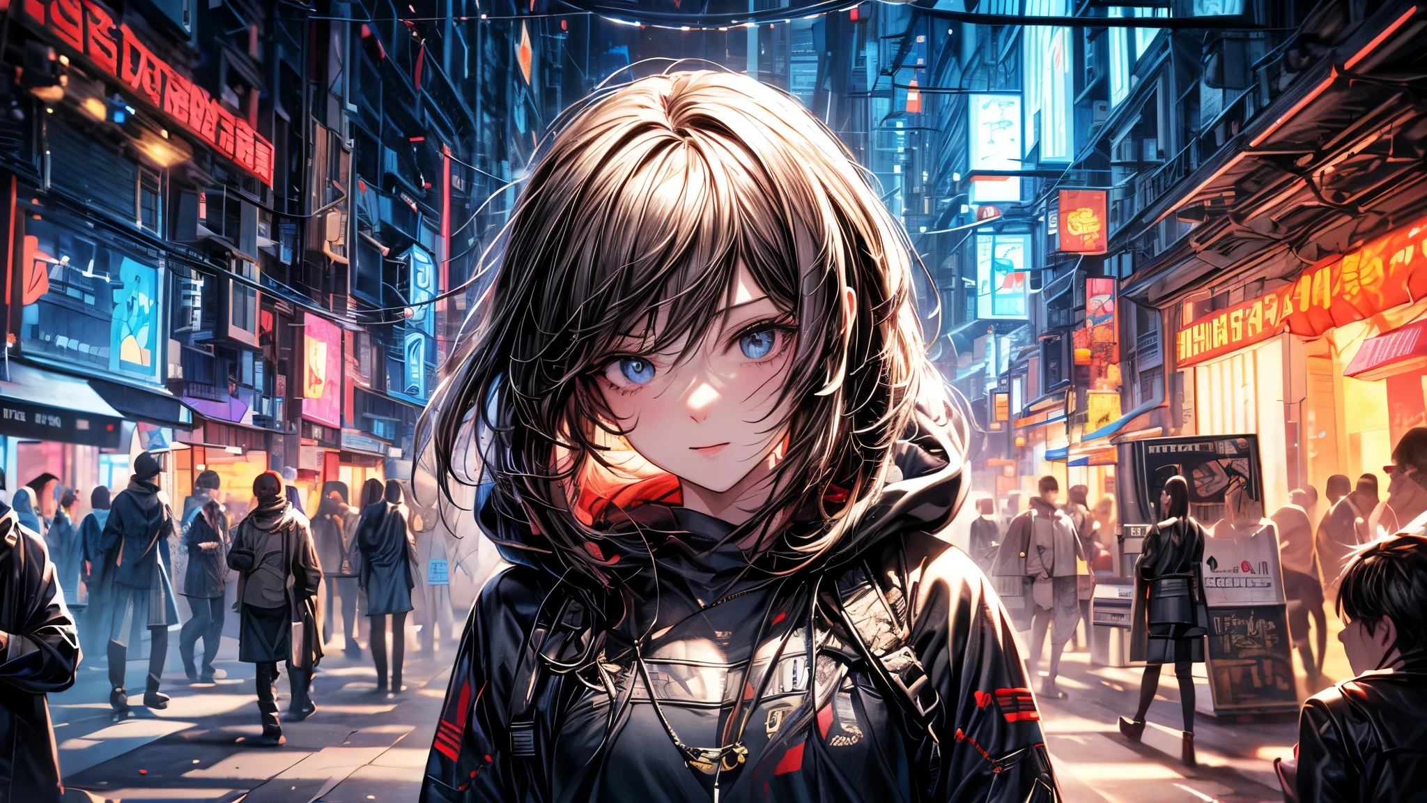 ((masterpiece、Highest quality))Cyberpunk City、 Woman in hoodie, Highly detailed art gems, Lost Draw digital painting, :: Lost Draw, Gwen Stacy, Artjam and Athi Gairan, Style Art Germ, Lost Draw global illumination, 8k art germany bokeh、Close-up face